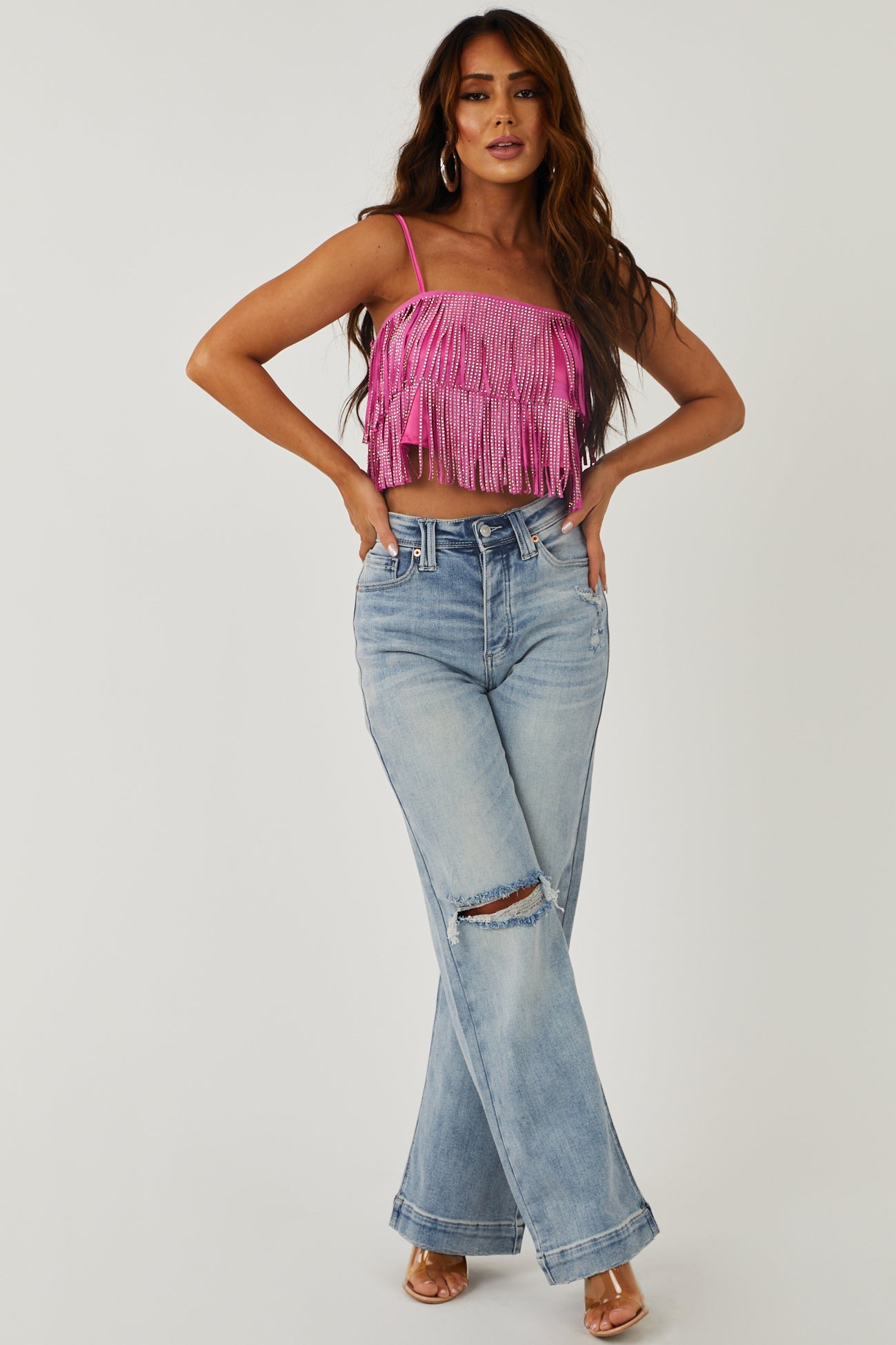 Magenta Rhinestone Studded Fringe Cami Top