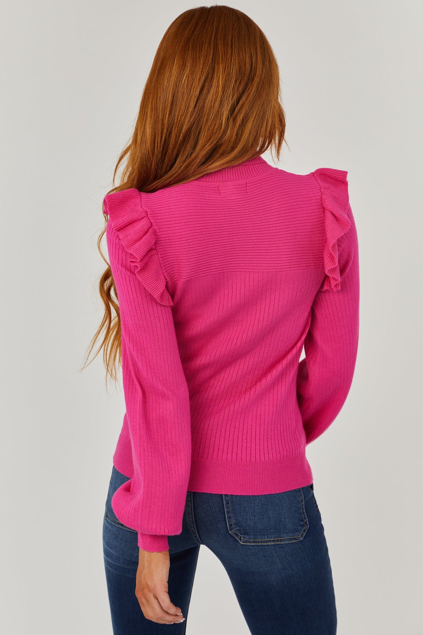 Magenta Ribbed Turtleneck Ruffle Sweater