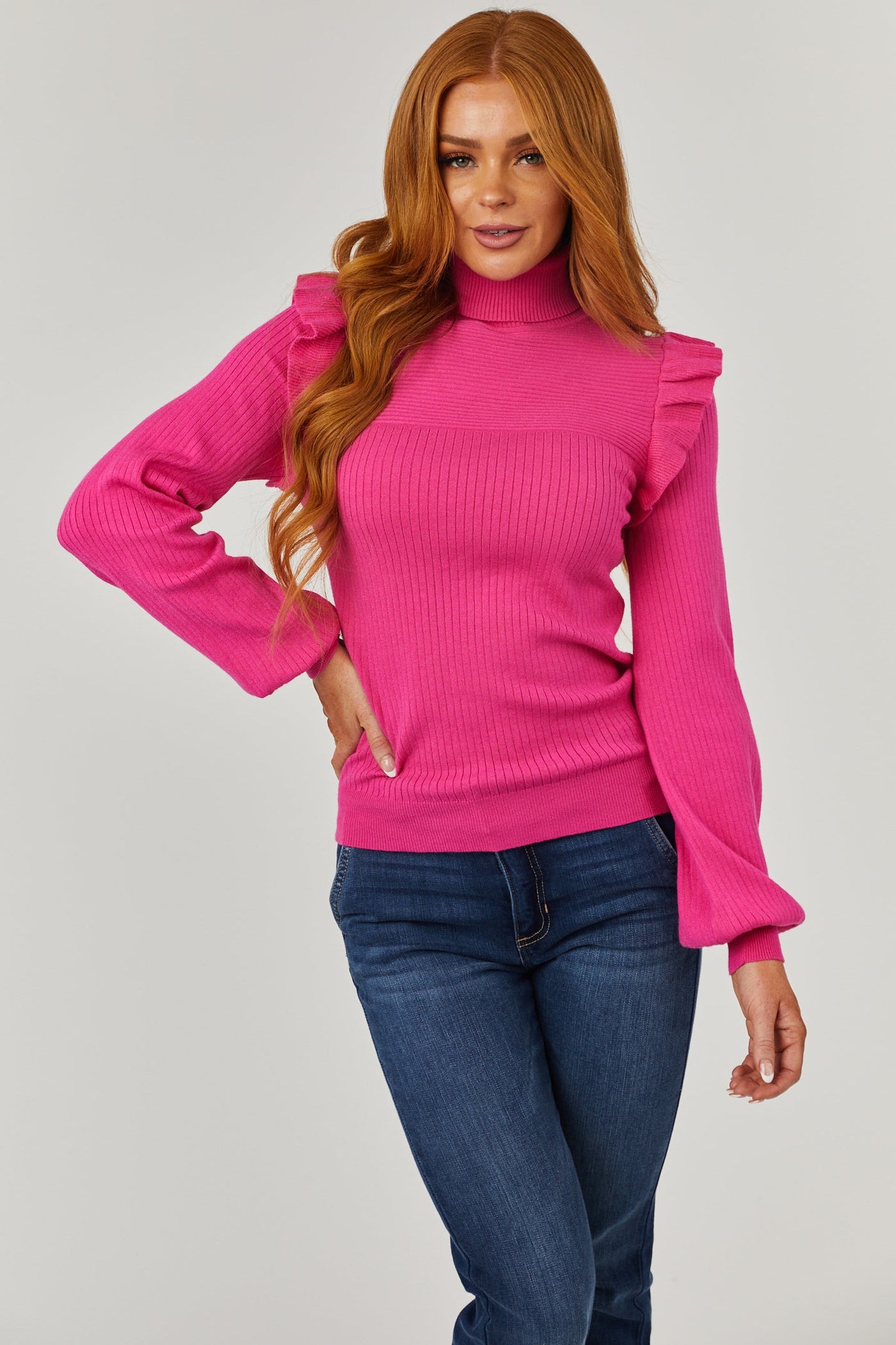Magenta Ribbed Turtleneck Ruffle Sweater