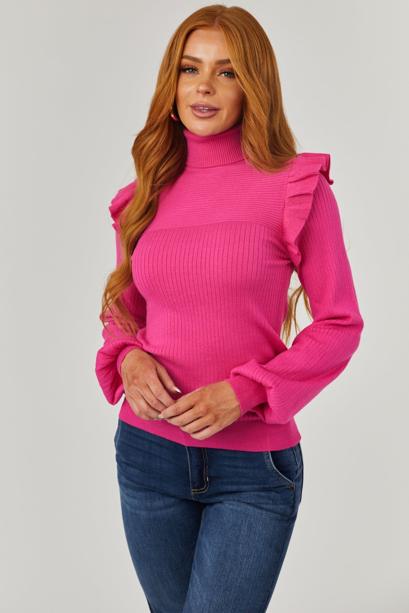 Magenta Ribbed Turtleneck Ruffle Sweater