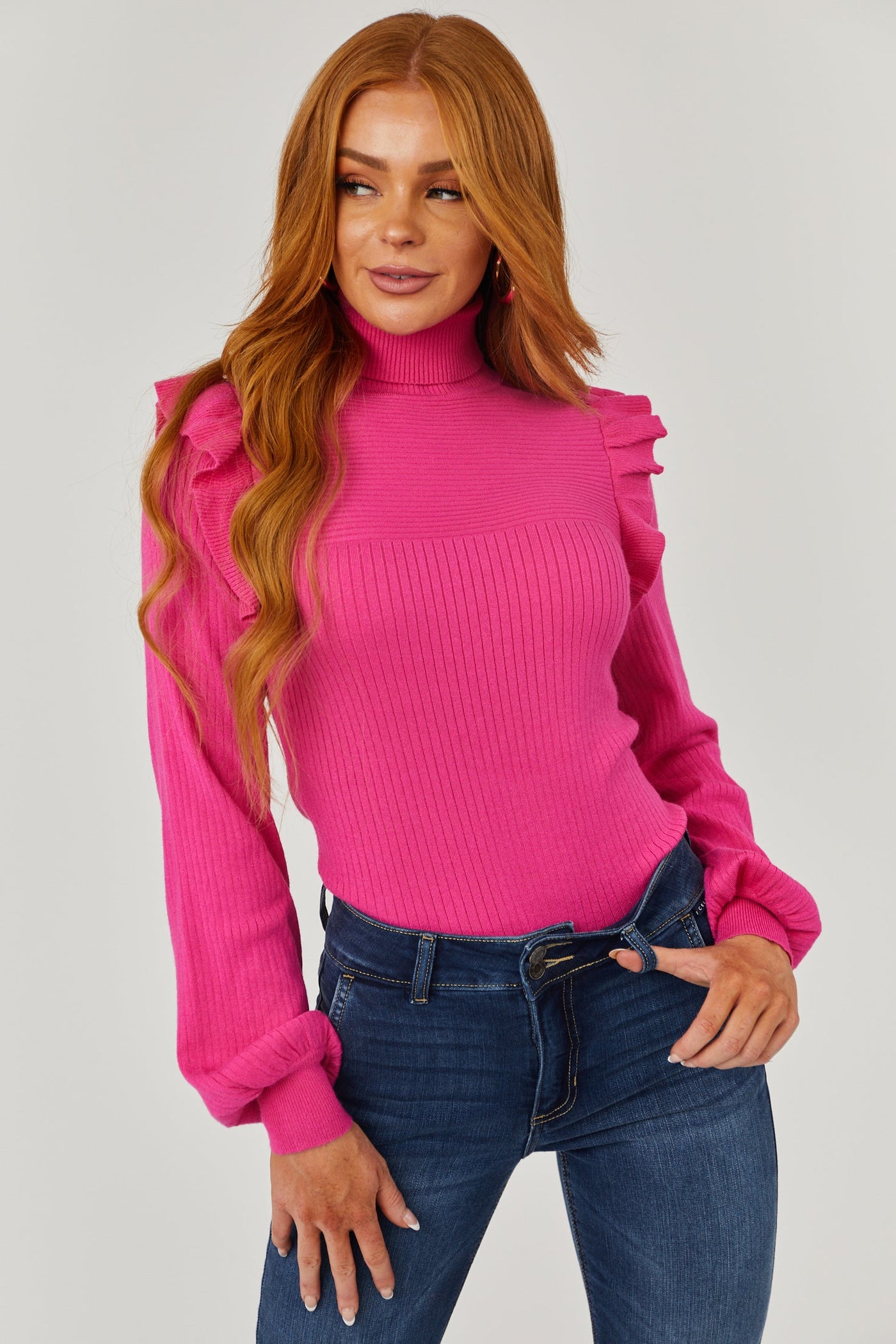 Magenta Ribbed Turtleneck Ruffle Sweater