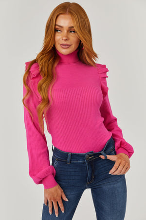 Magenta Ribbed Turtleneck Ruffle Sweater