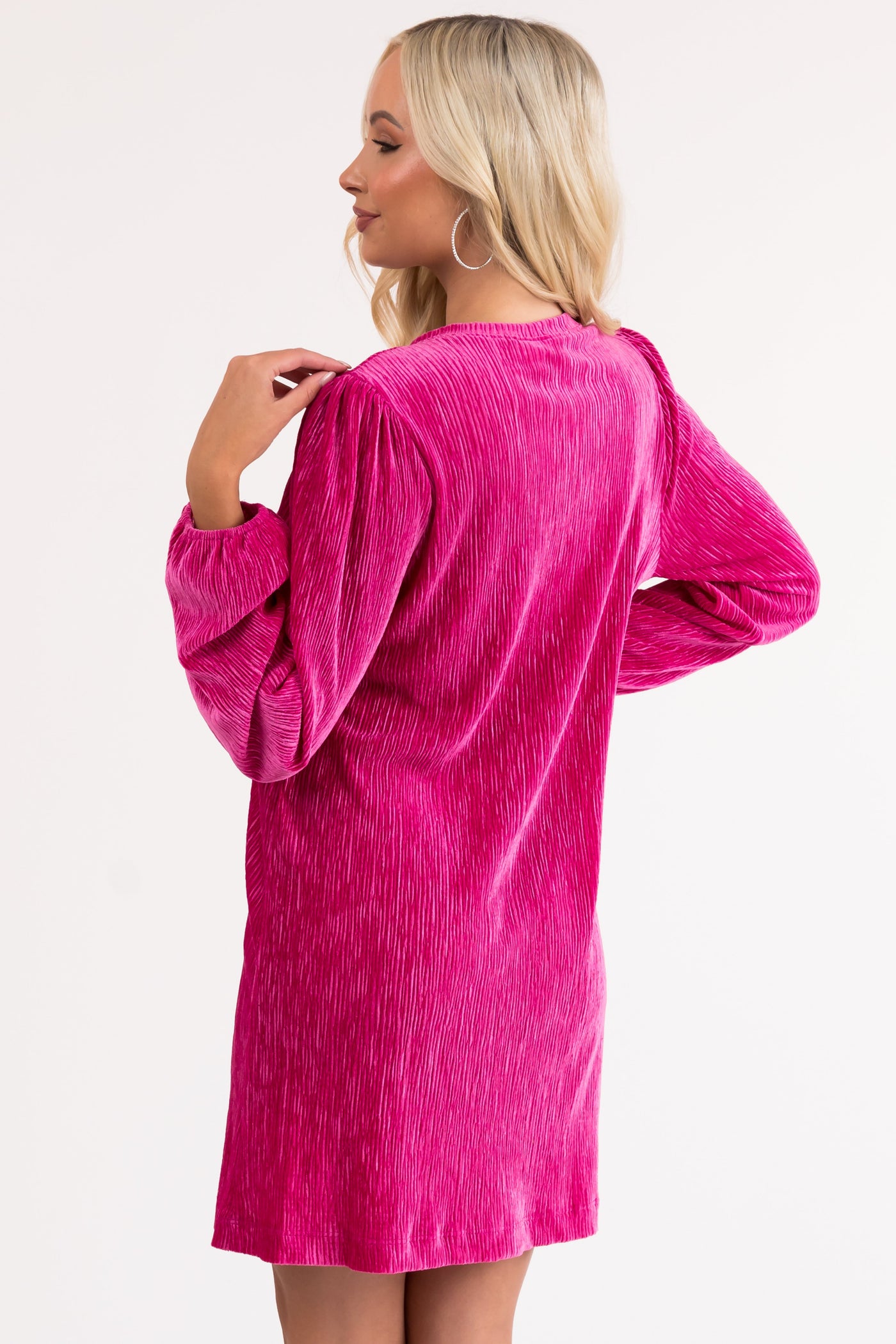 Magenta Ribbed Velvet Long Sleeve Short Dress