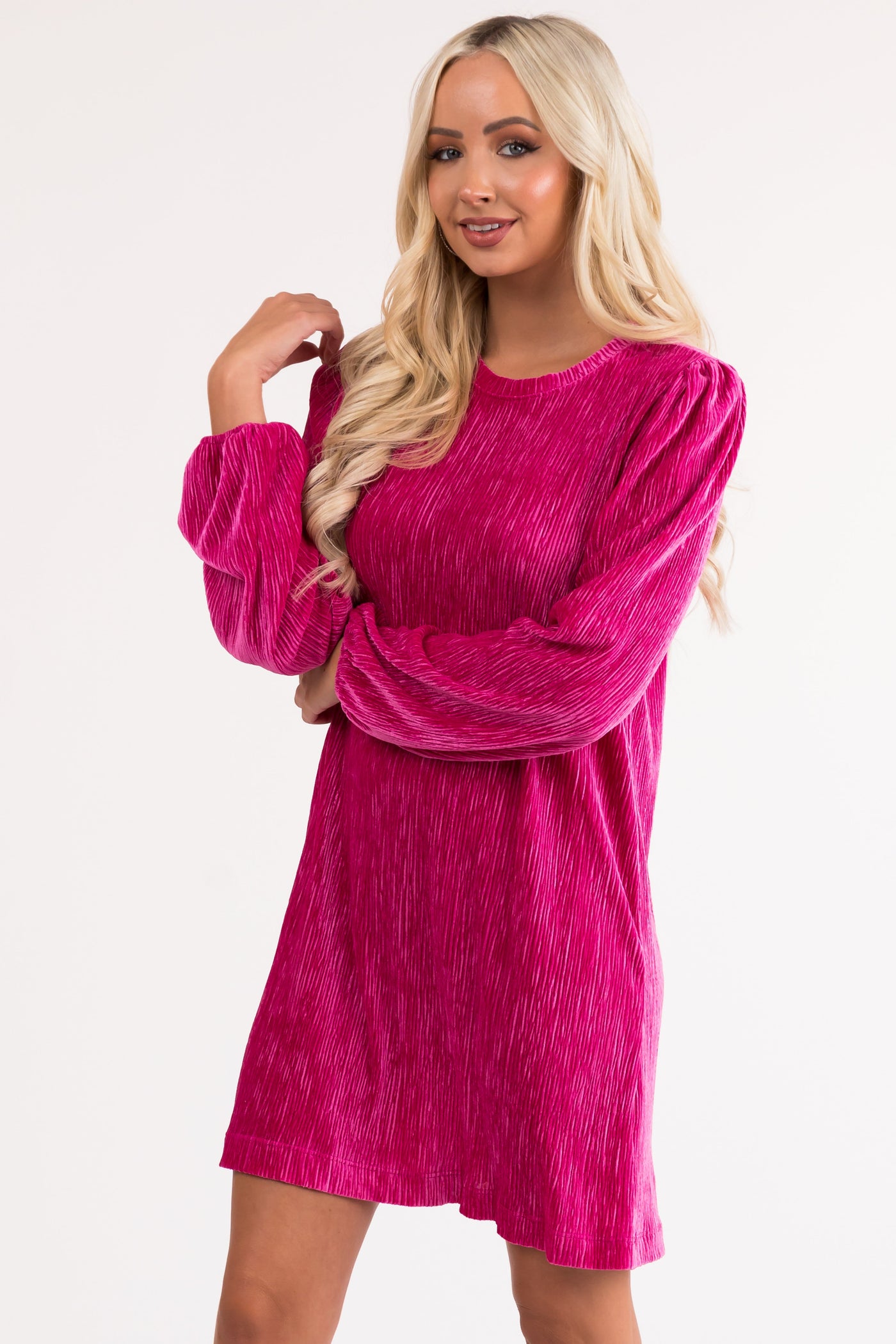 Magenta Ribbed Velvet Long Sleeve Short Dress