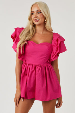 Magenta Ruffle Off Shoulder Open Tie Back Romper