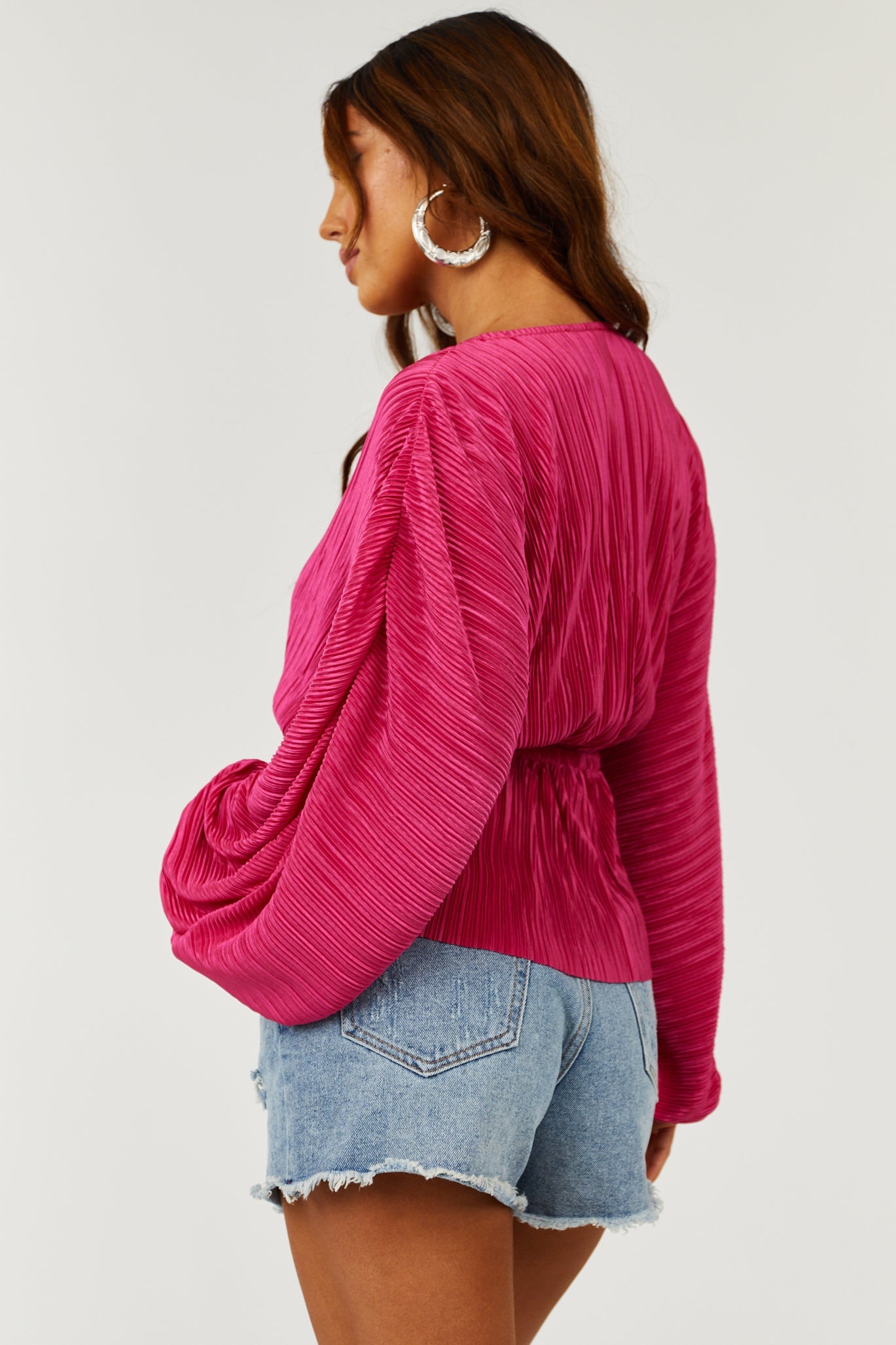 Magenta Satin Plisse V Neck Dolman Sleeve Blouse