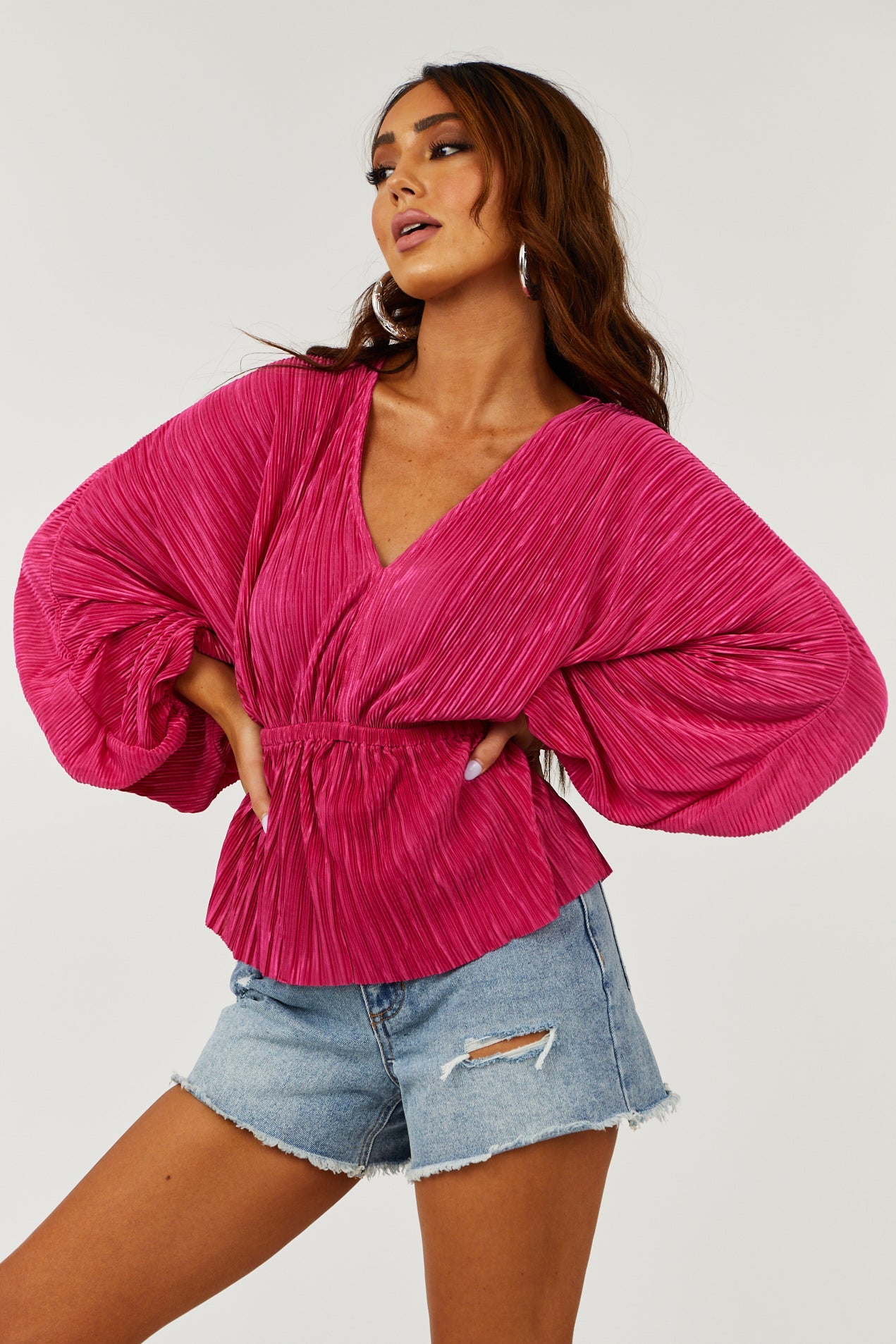 Magenta Satin Plisse V Neck Dolman Sleeve Blouse