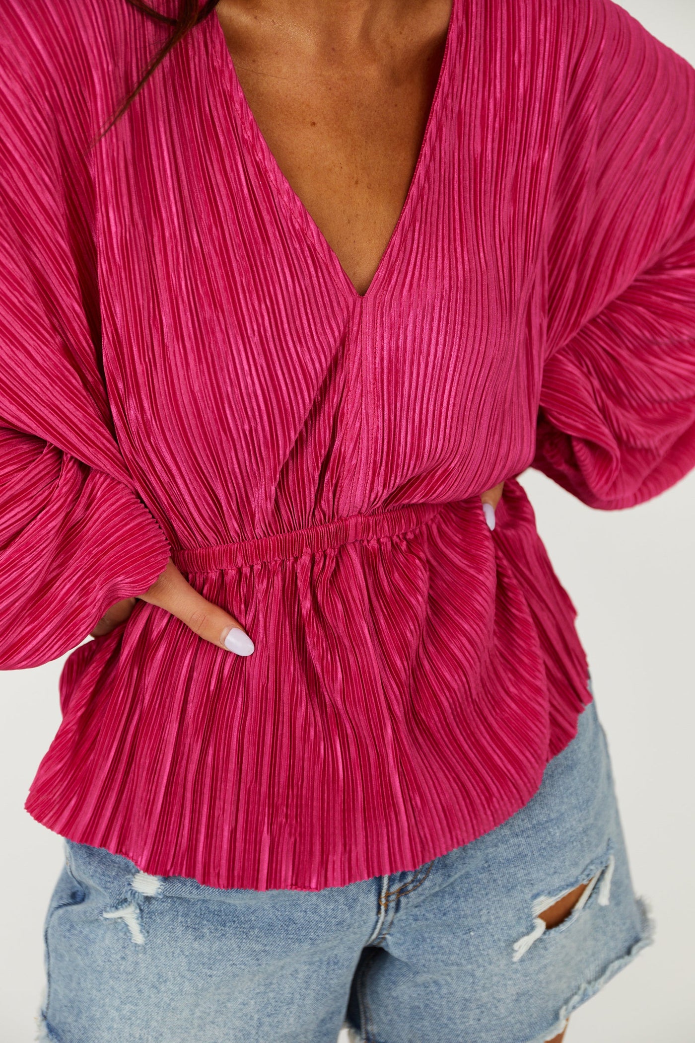 Magenta Satin Plisse V Neck Dolman Sleeve Blouse