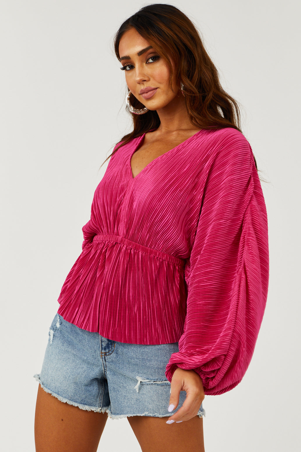 Magenta Satin Plisse V Neck Dolman Sleeve Blouse