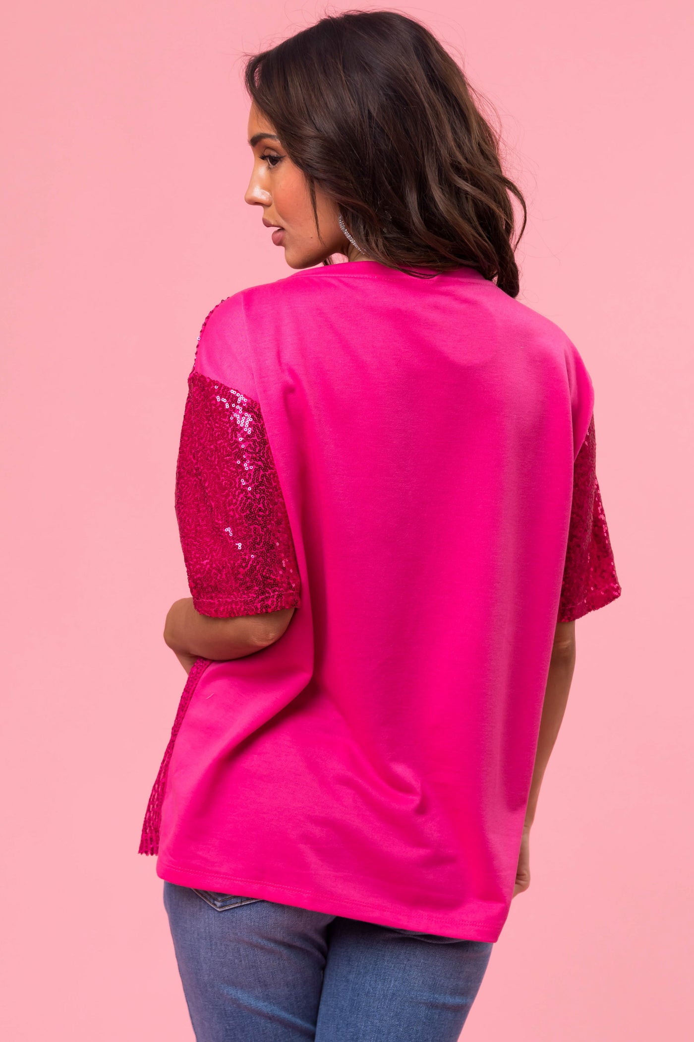 Magenta Sequined Heart Short Sleeve Top