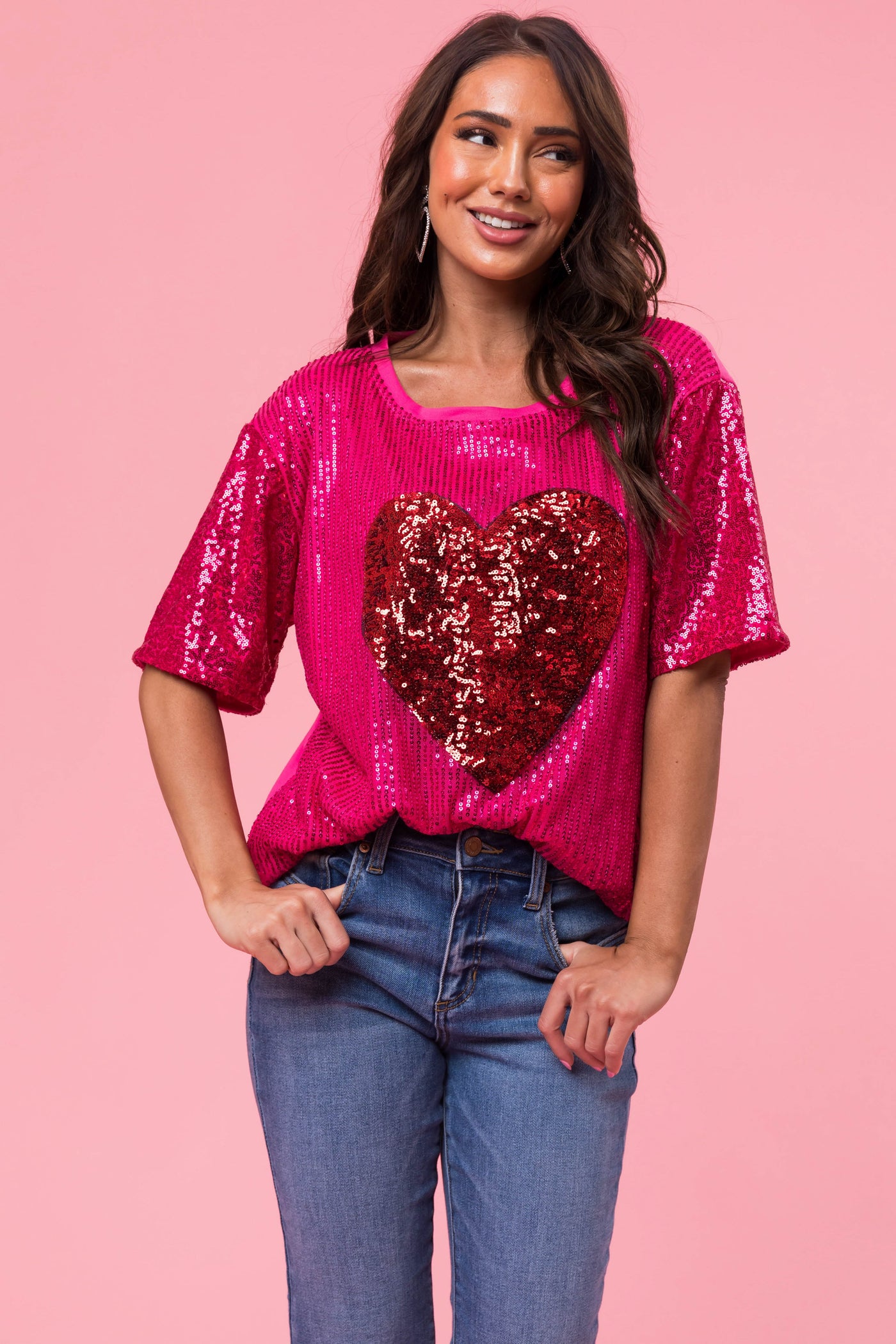 Magenta Sequined Heart Short Sleeve Top
