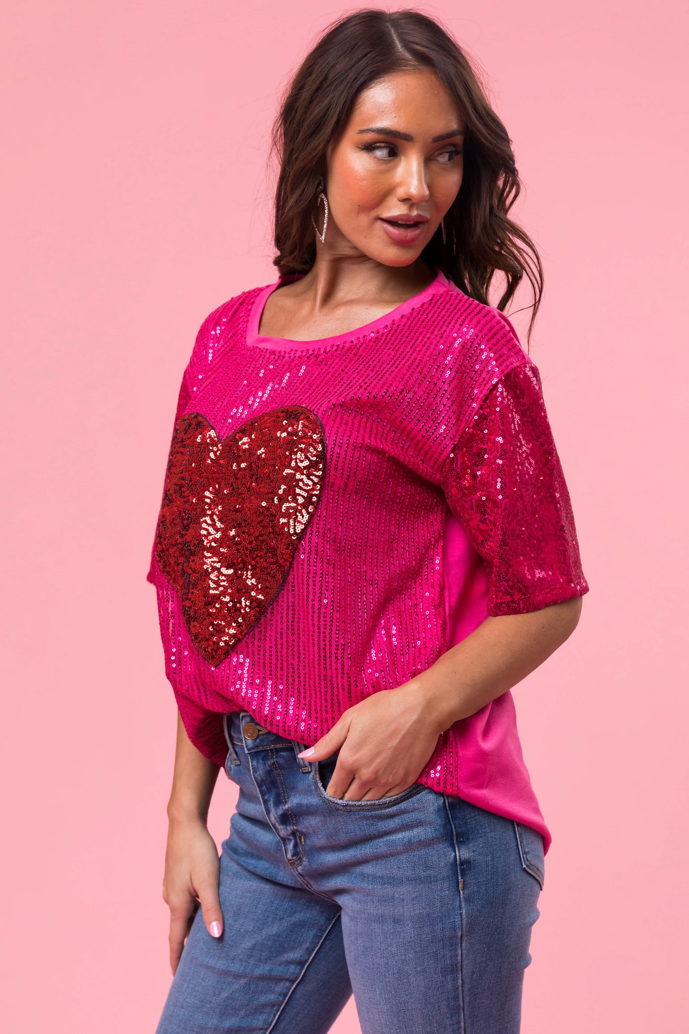 Magenta Sequined Heart Short Sleeve Top