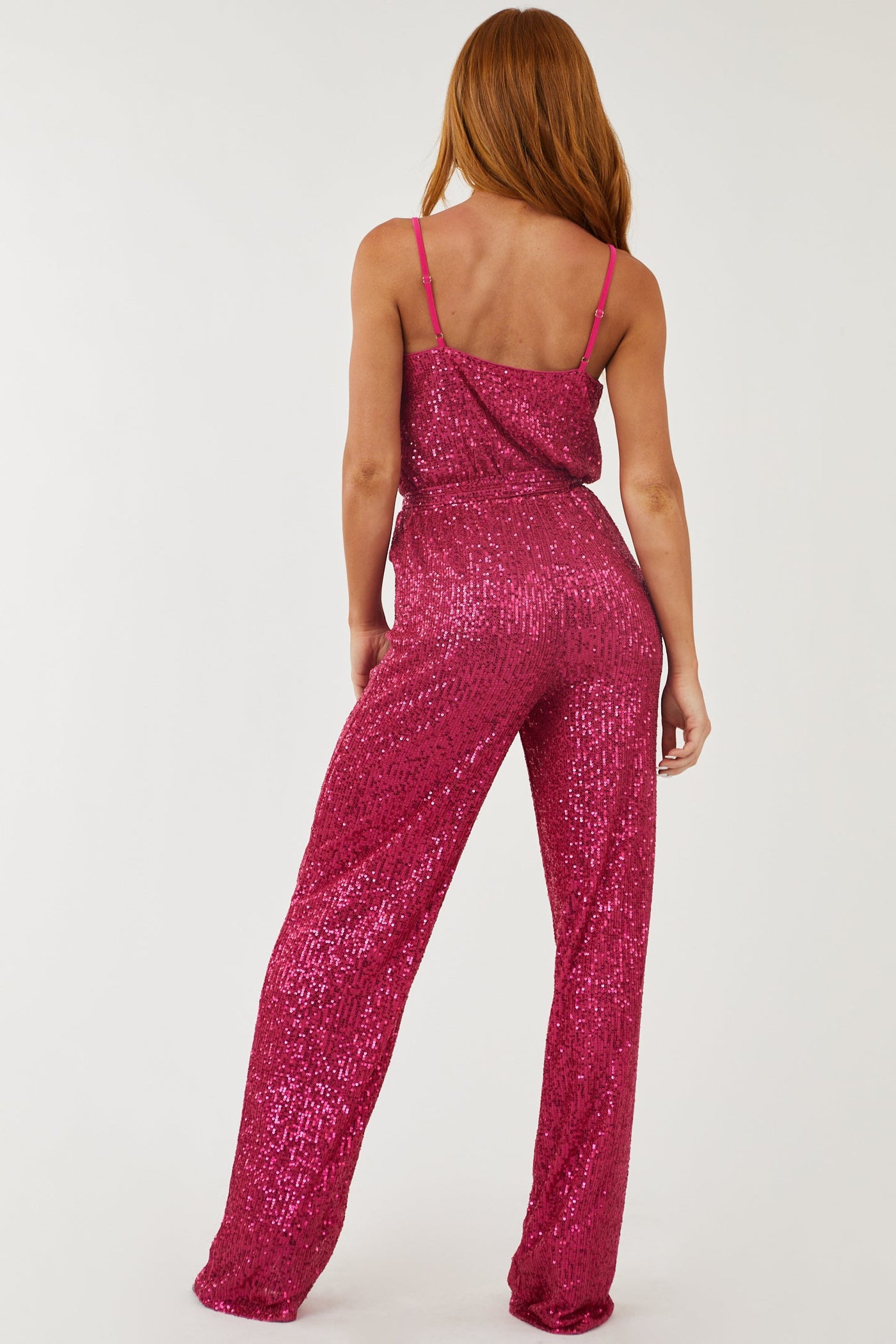 Magenta Sequined Wide Leg Surplice Jumpsuit