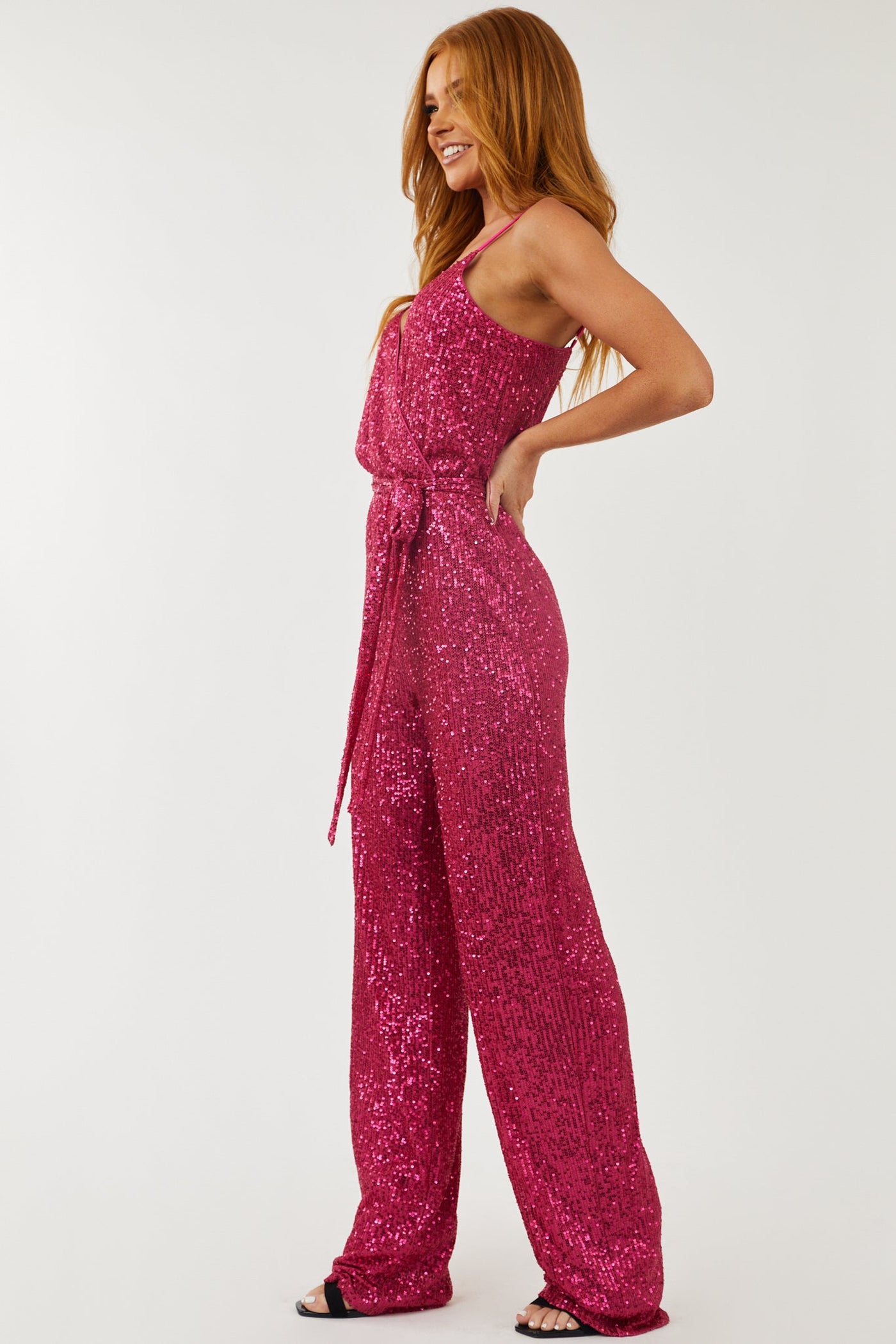 Magenta Sequined Wide Leg Surplice Jumpsuit