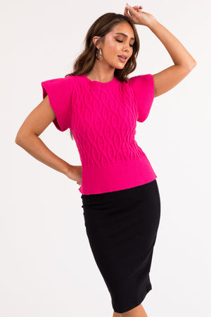 Magenta Short Sleeve Cable Knit Sweater