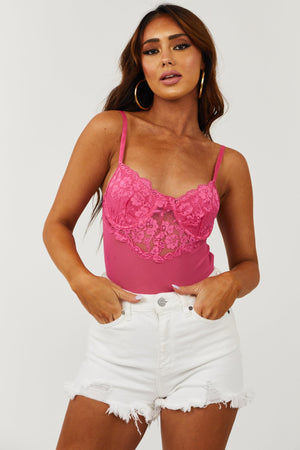 Magenta Sleeveless Eyelash Lace Bodysuit