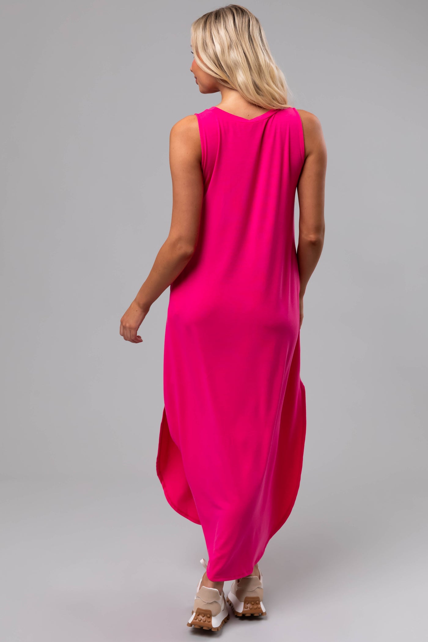 Magenta Sleeveless Side Slits Loose Maxi Dress
