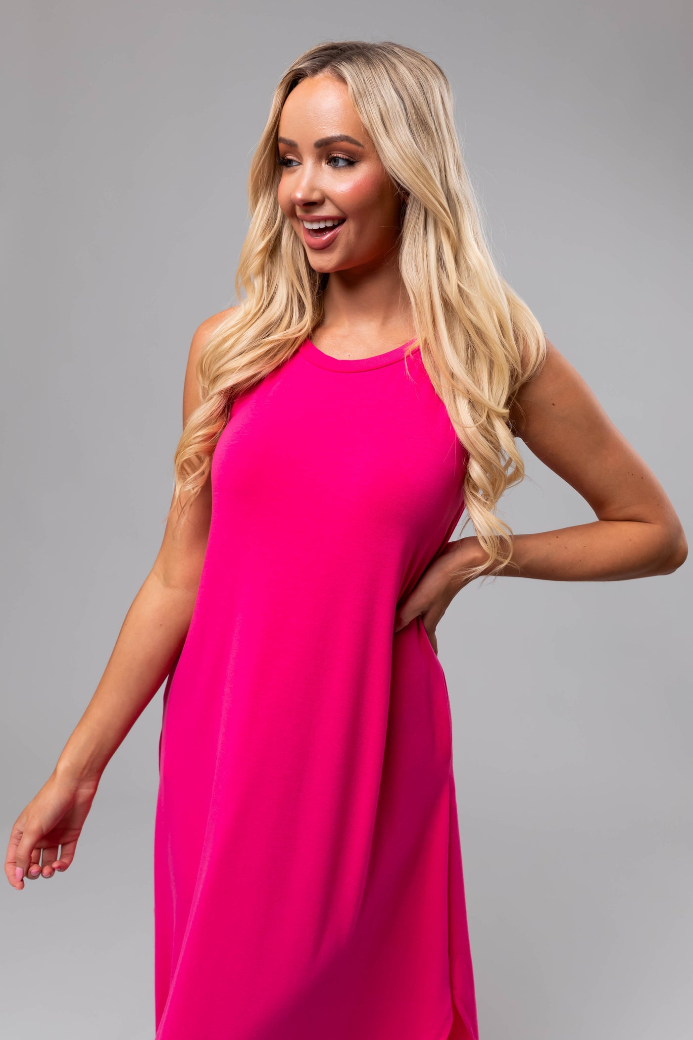 Magenta Sleeveless Side Slits Loose Maxi Dress
