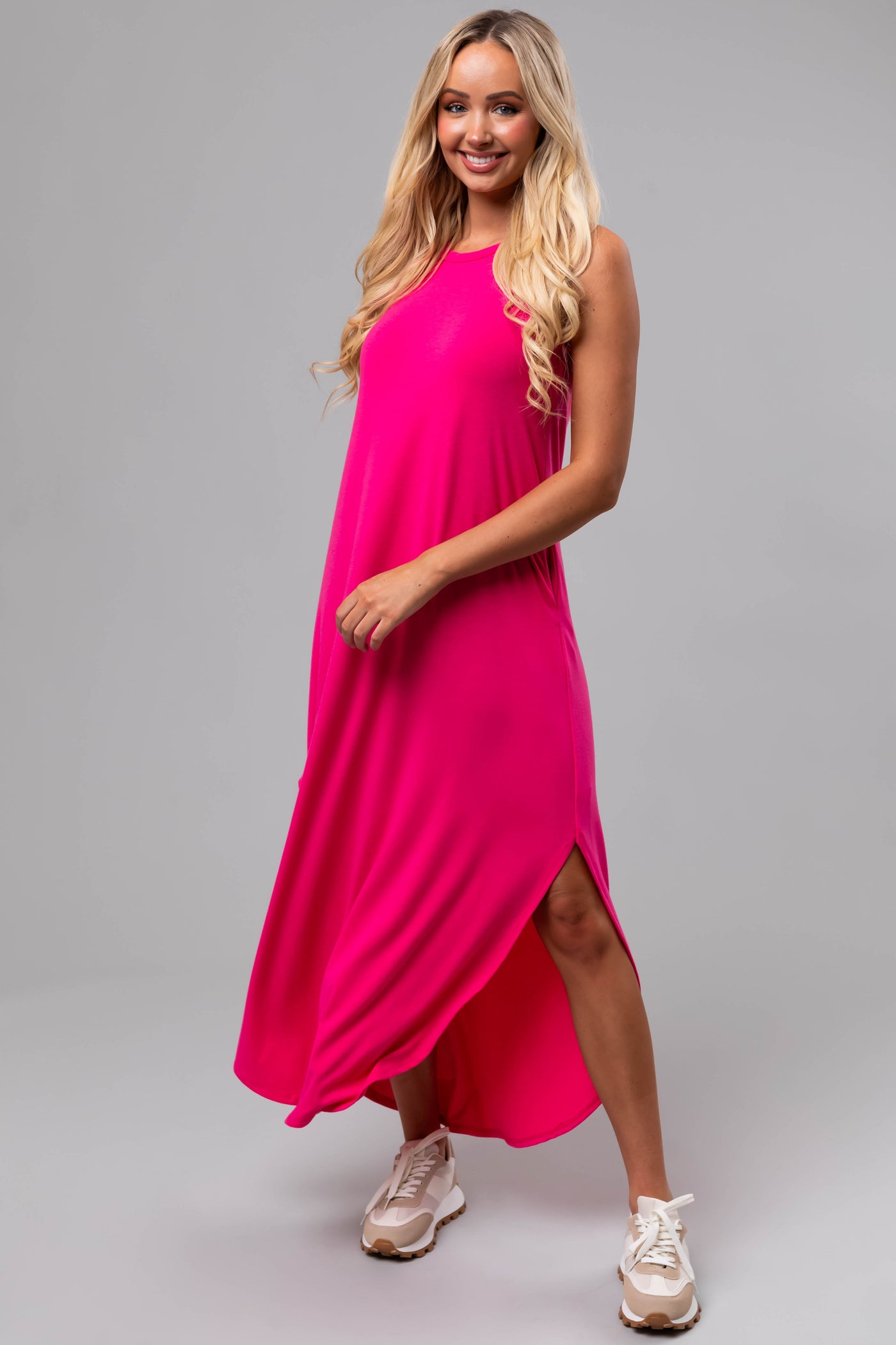 Magenta Sleeveless Side Slits Loose Maxi Dress