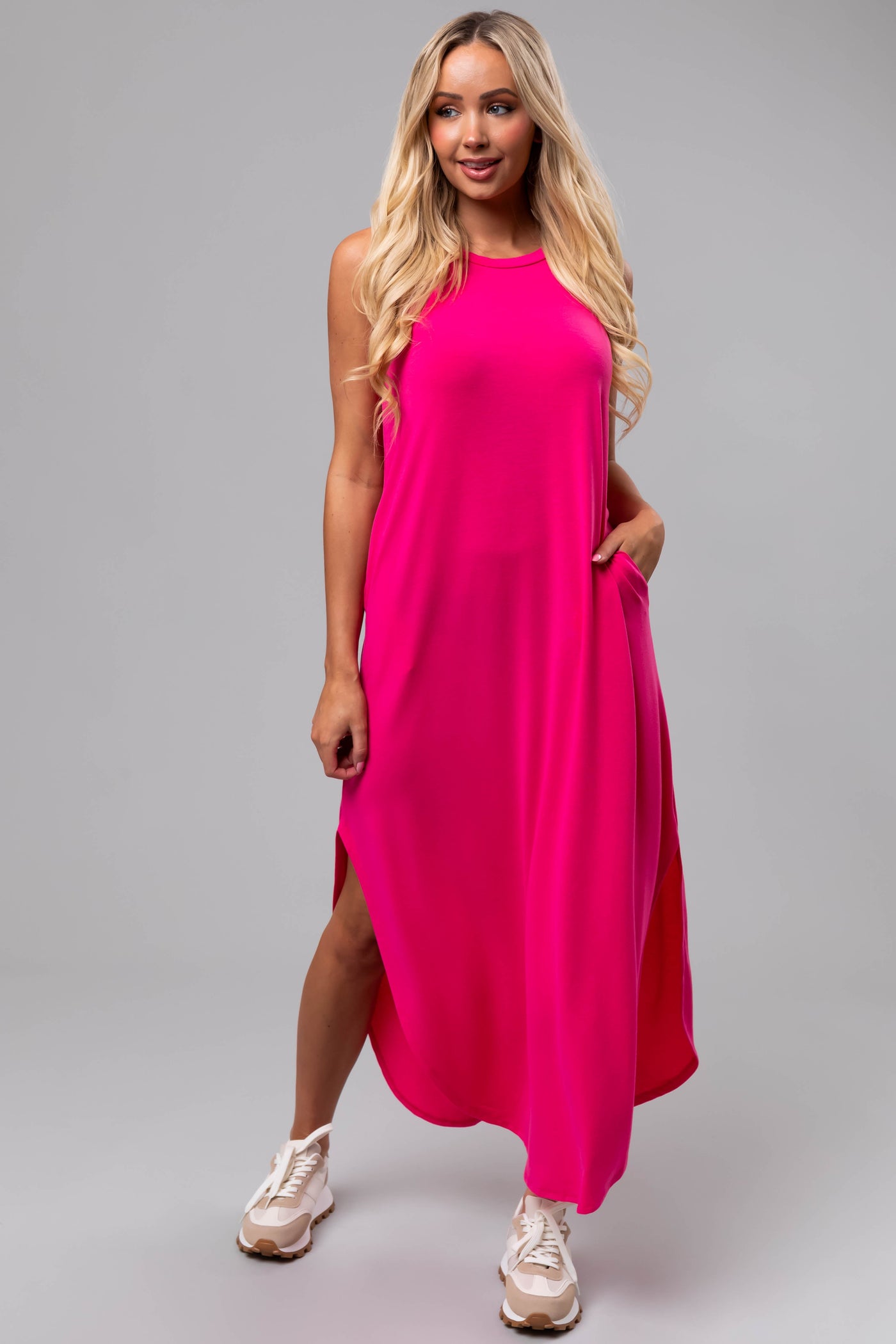 Magenta Sleeveless Side Slits Loose Maxi Dress