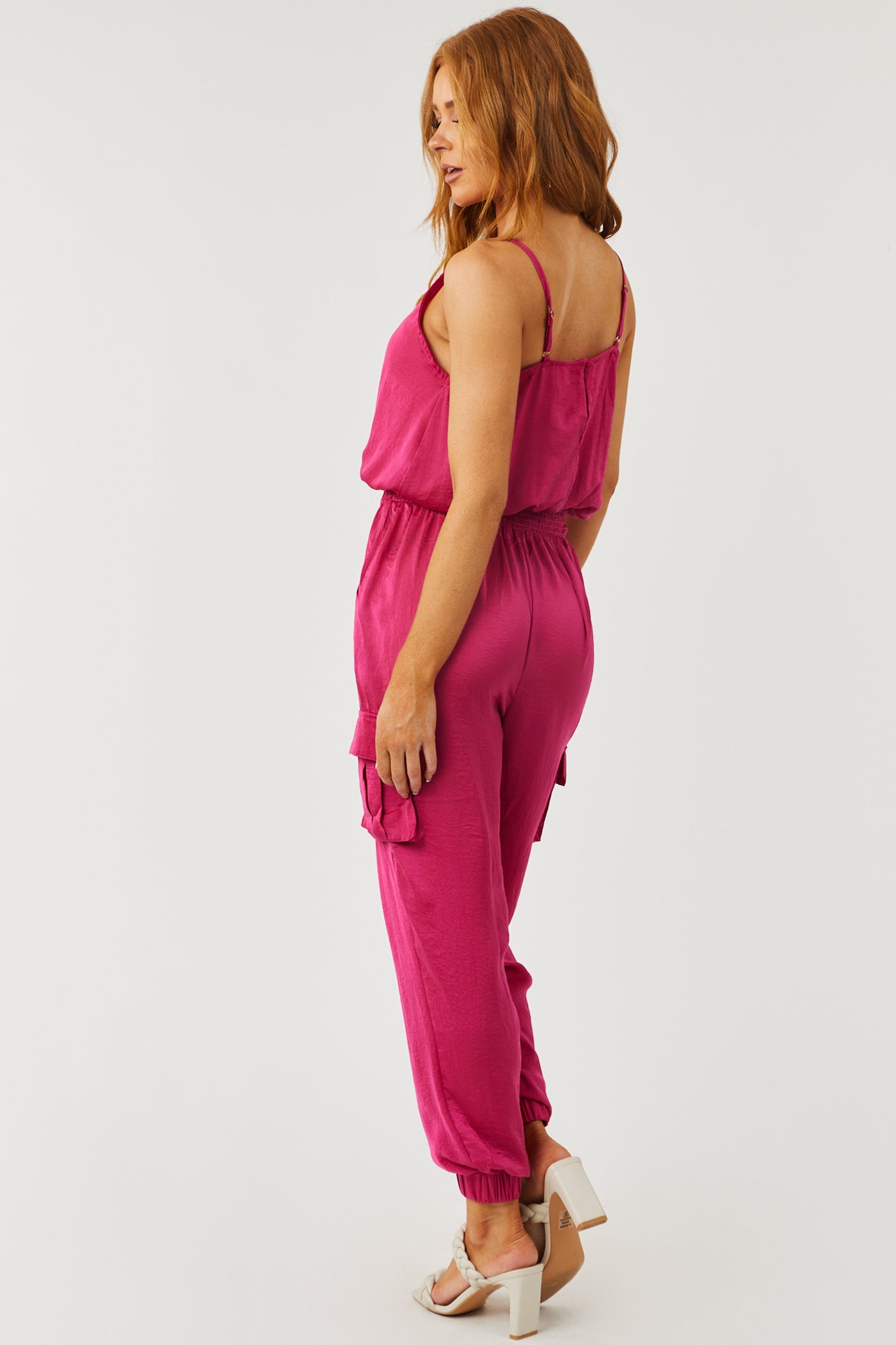Magenta Sleeveless Smocked Waist Cargo Jumpsuit