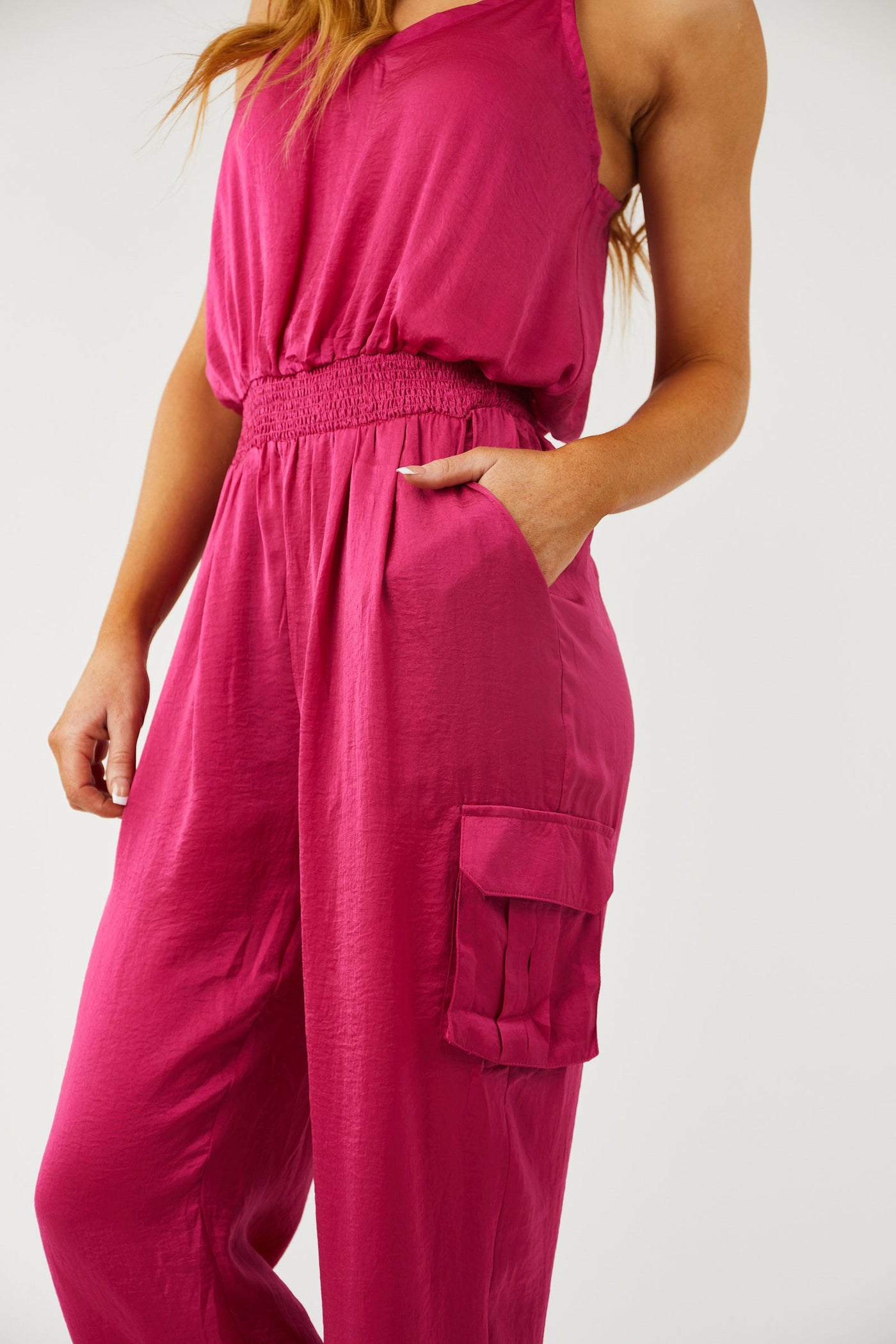 Magenta Sleeveless Smocked Waist Cargo Jumpsuit