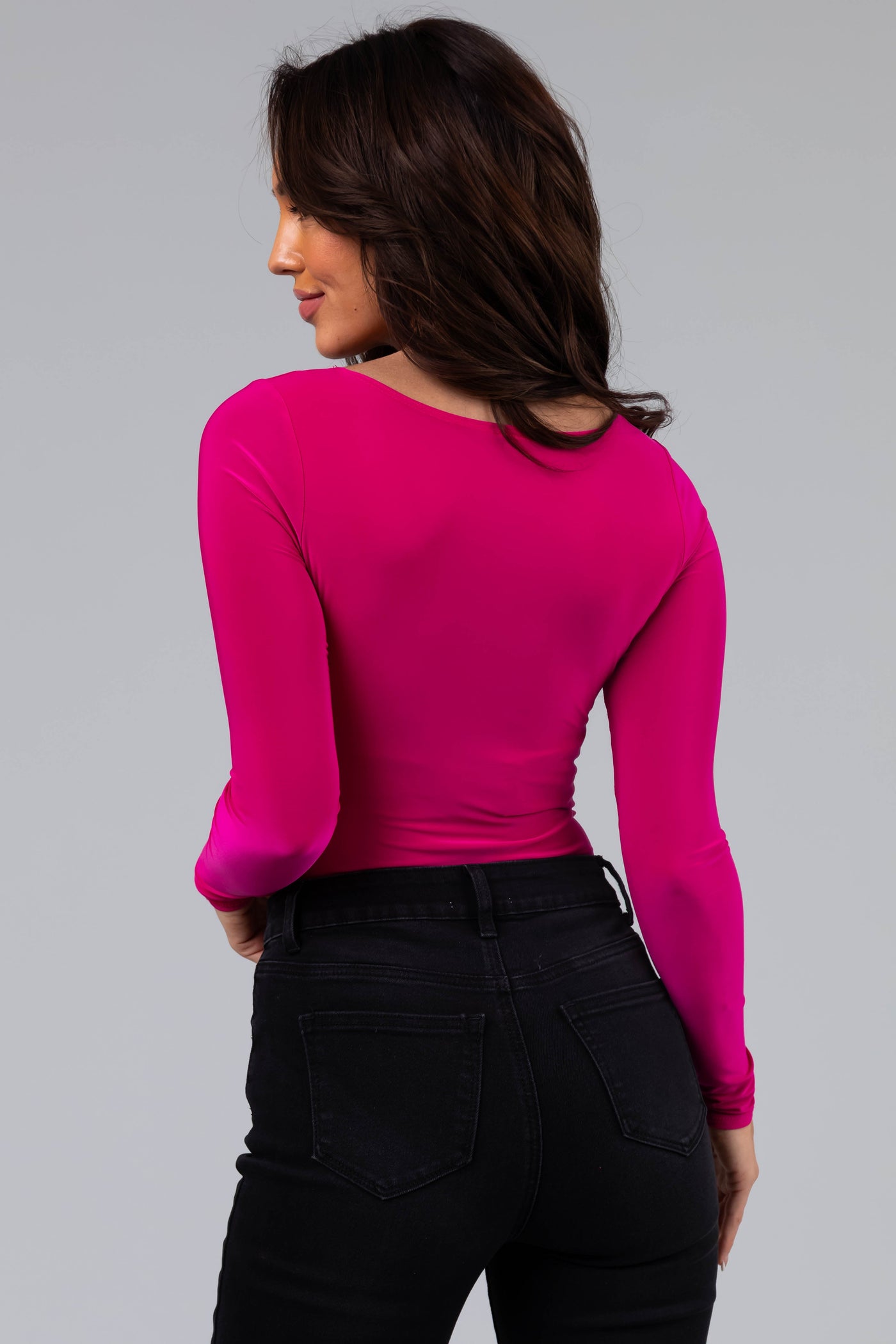 Magenta Square Neck Long Sleeve Solid Bodysuit