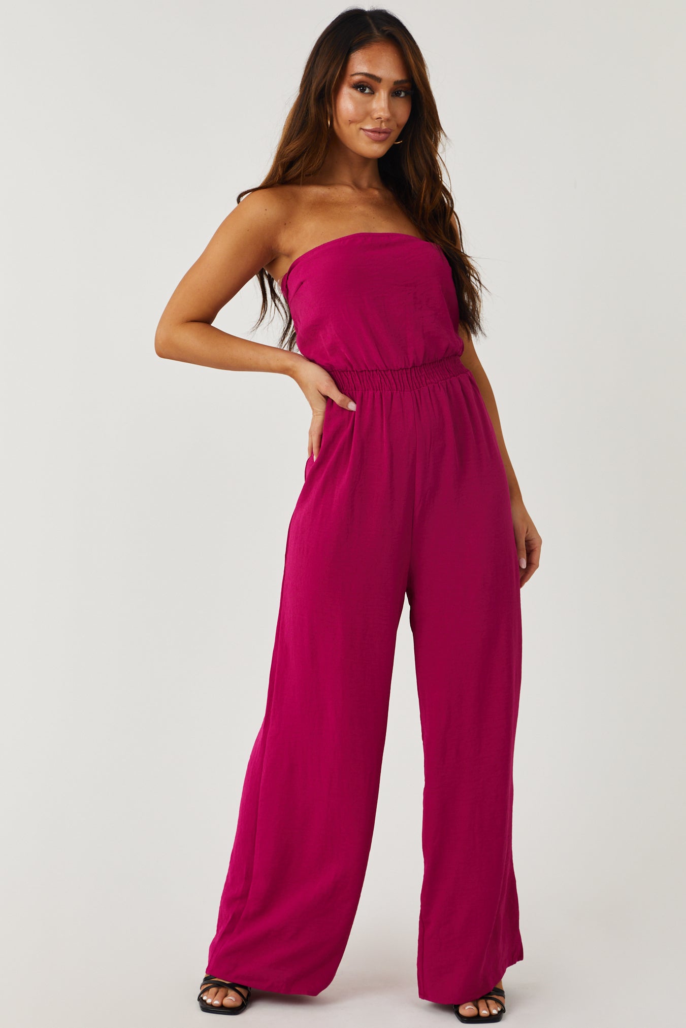 Magenta Strapless Tie Back Wide Leg Jumpsuit