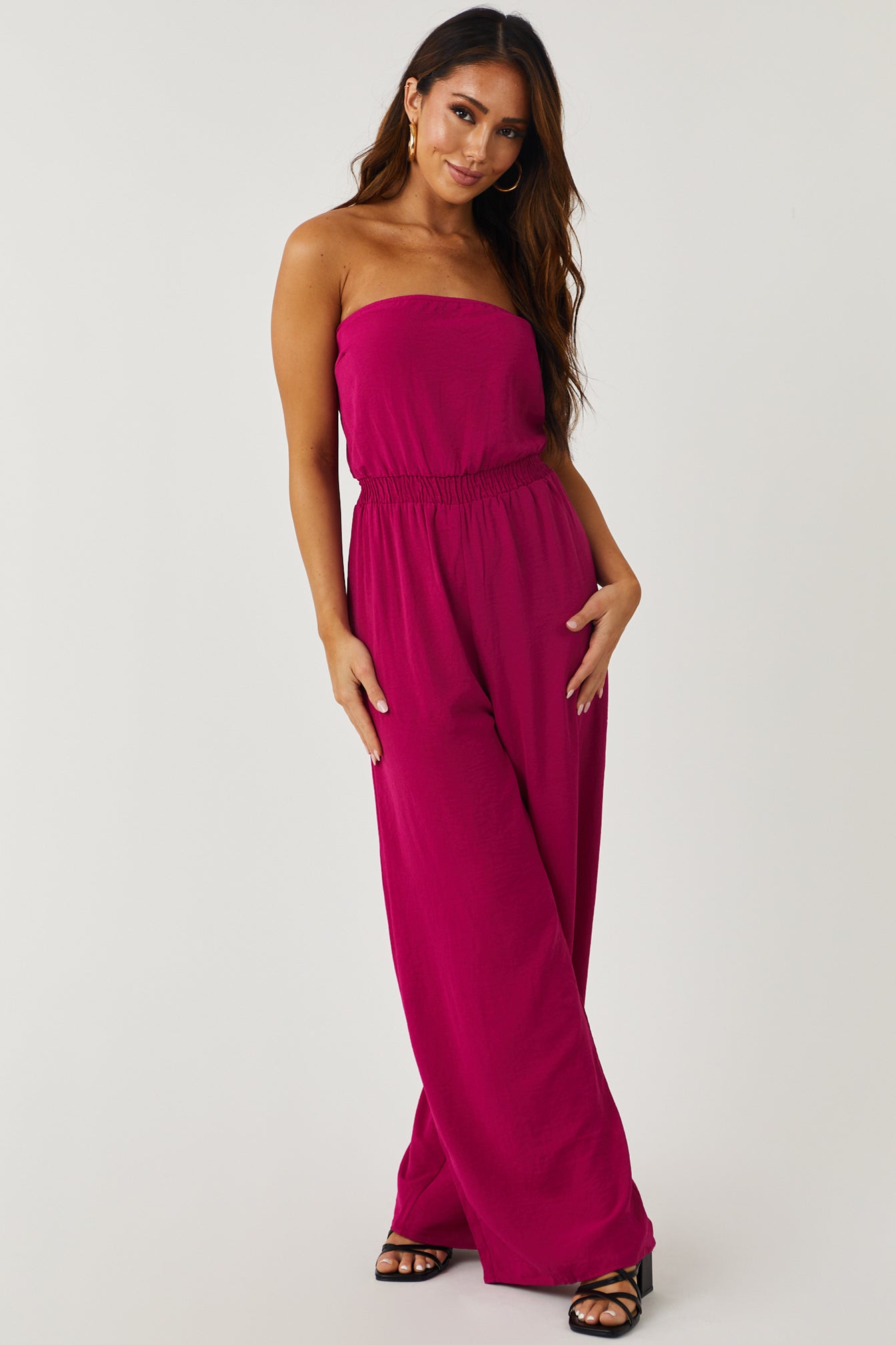 Magenta Strapless Tie Back Wide Leg Jumpsuit