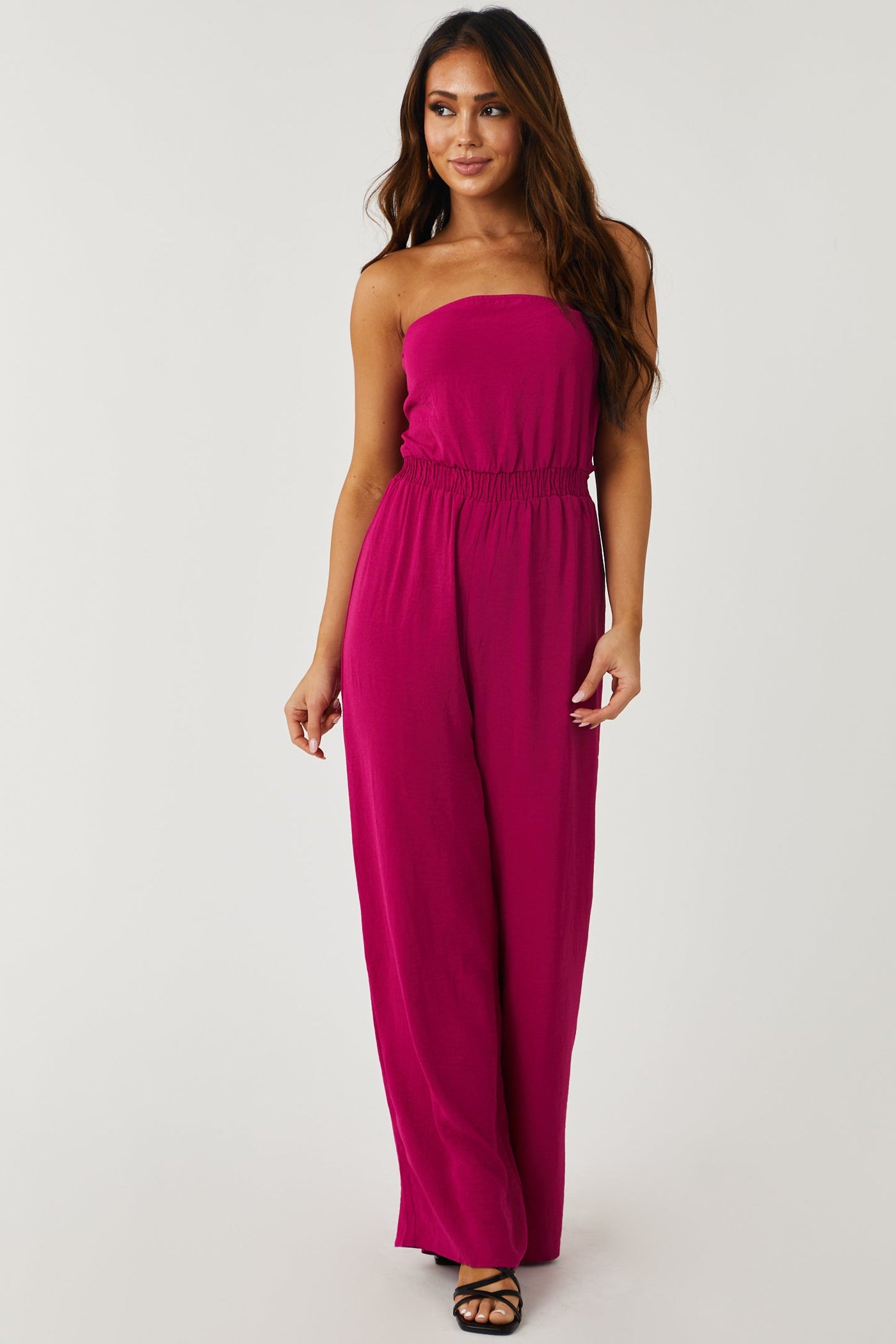 Magenta Strapless Tie Back Wide Leg Jumpsuit