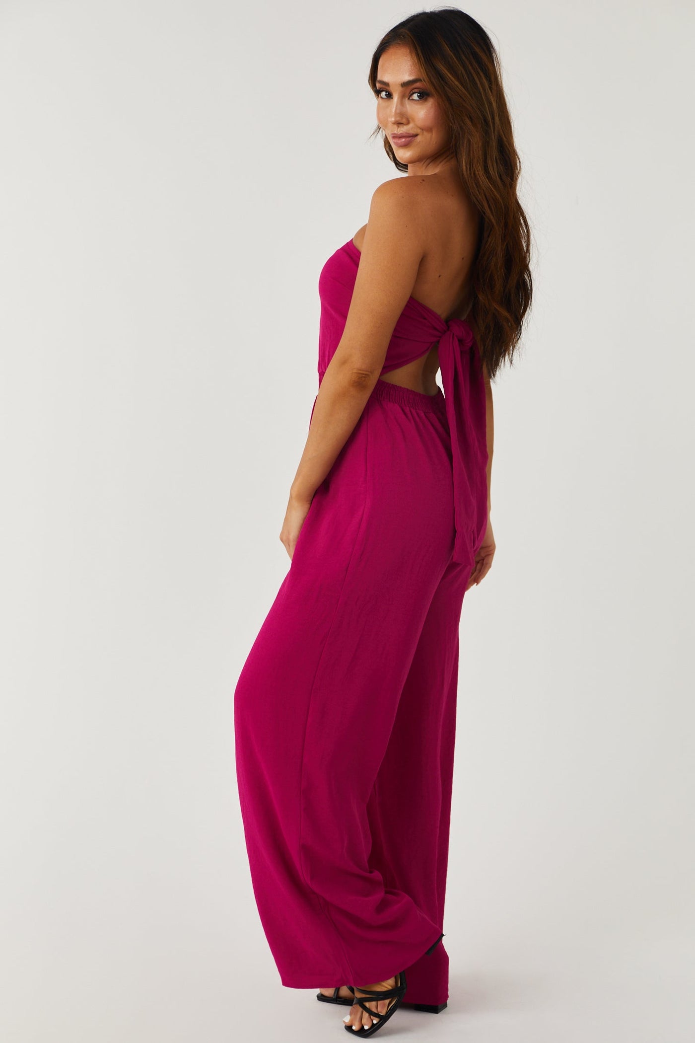 Magenta Strapless Tie Back Wide Leg Jumpsuit