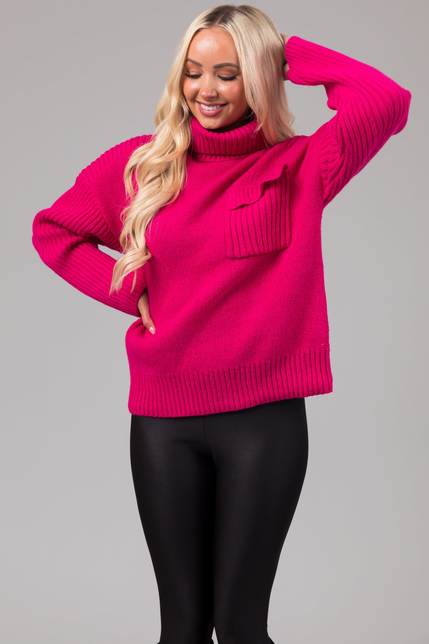 Magenta Thick Ribbed Knit Turtleneck Sweater