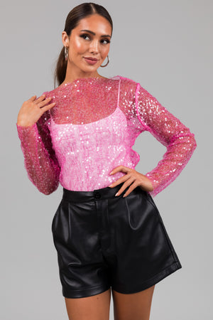 Magenta Tinsel and Sequin Long Sleeve Mesh Top