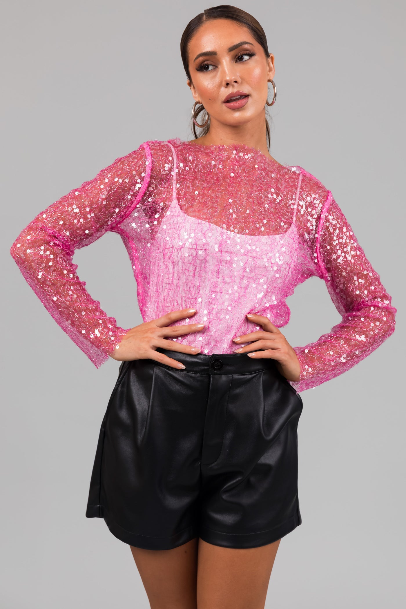 Magenta Tinsel and Sequin Long Sleeve Mesh Top