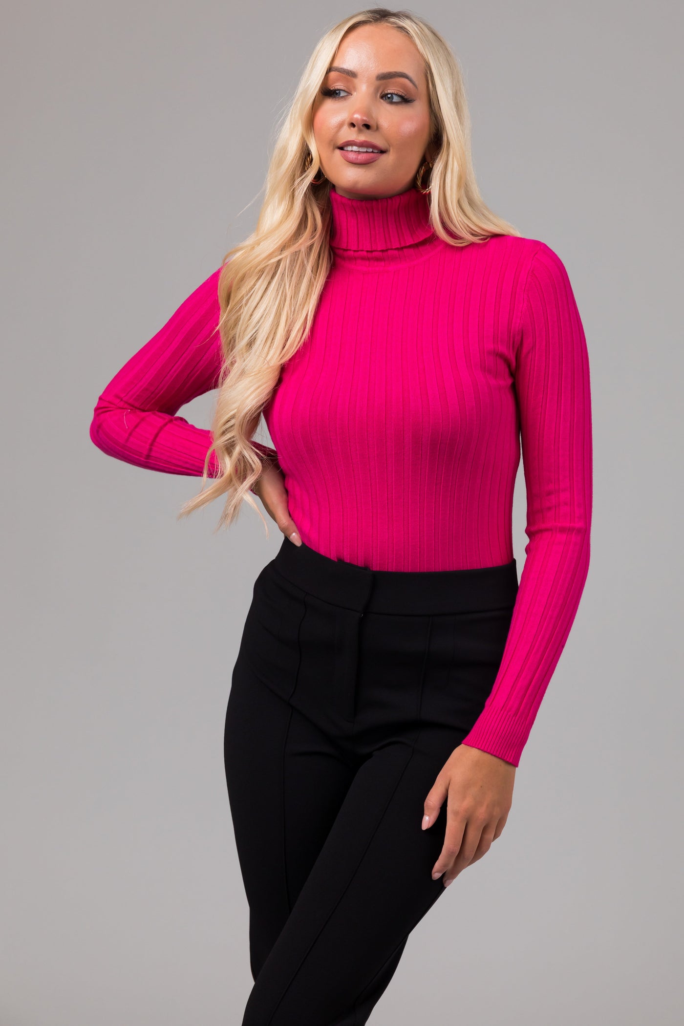 Magenta Turtleneck Long Sleeve Knit Sweater