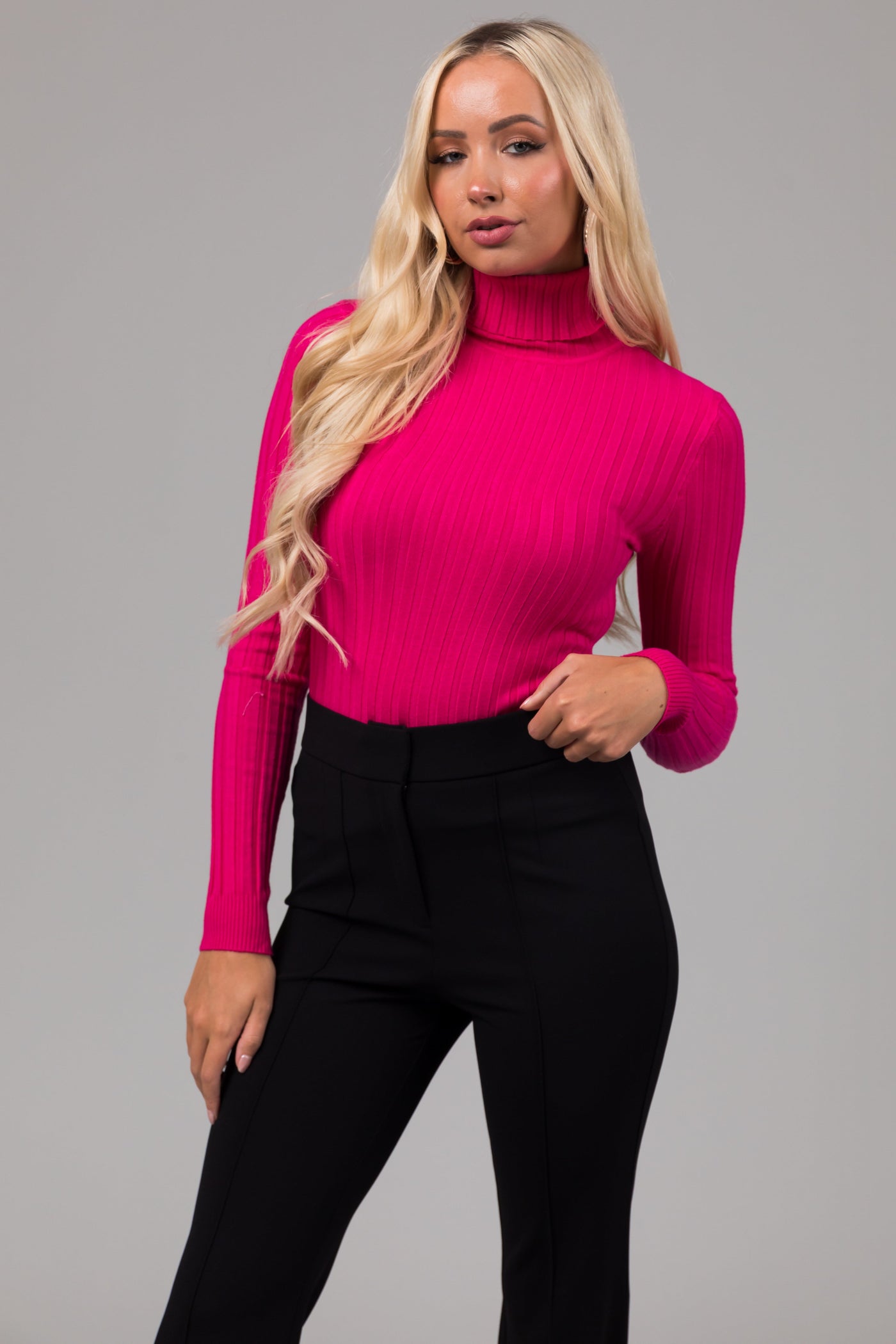 Magenta Turtleneck Long Sleeve Knit Sweater