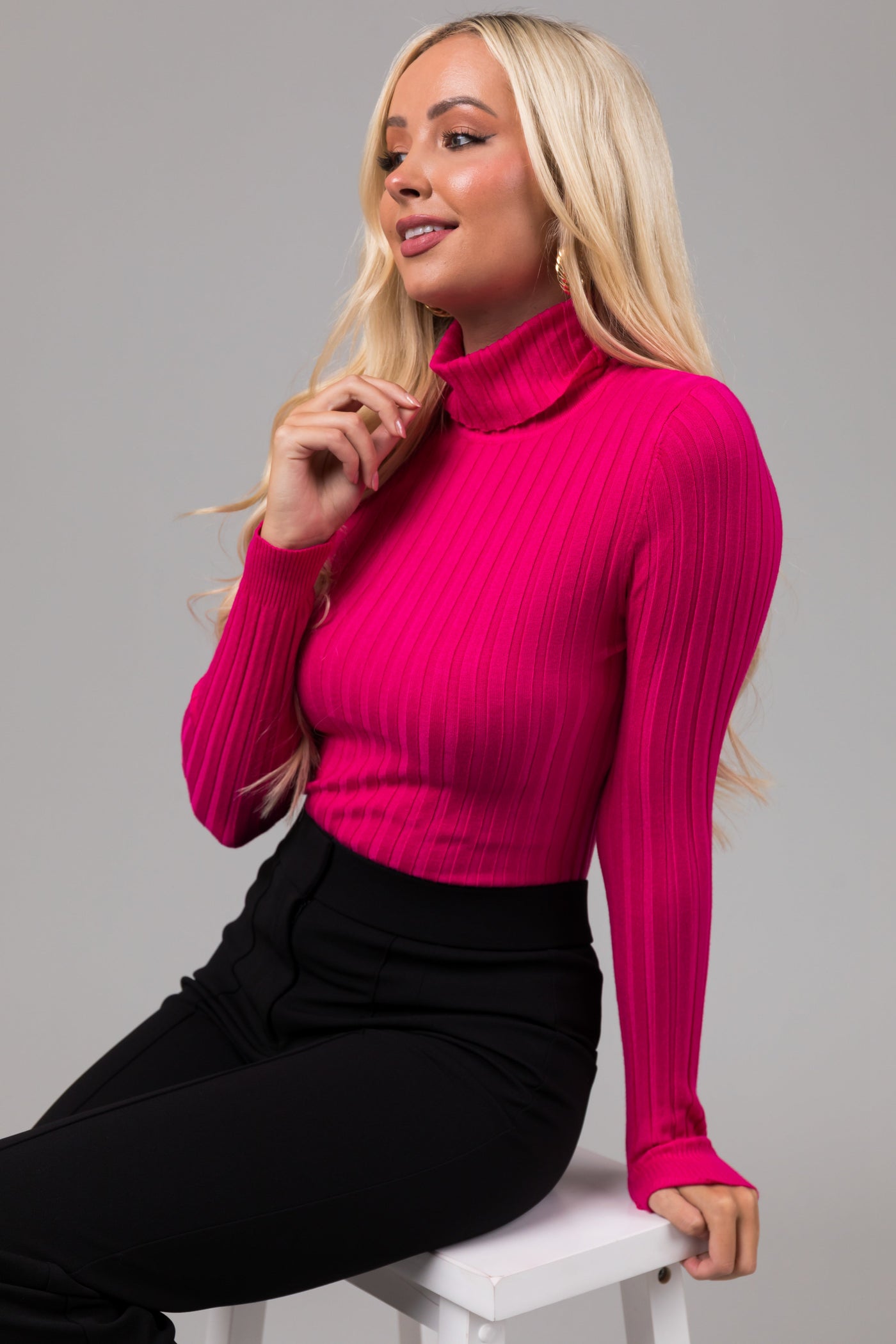 Magenta Turtleneck Long Sleeve Knit Sweater