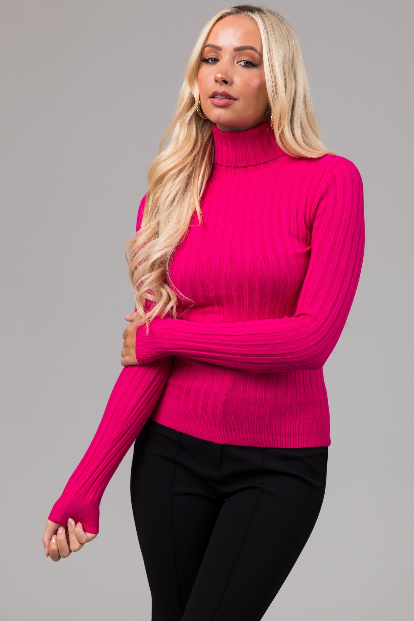 Magenta Turtleneck Long Sleeve Knit Sweater