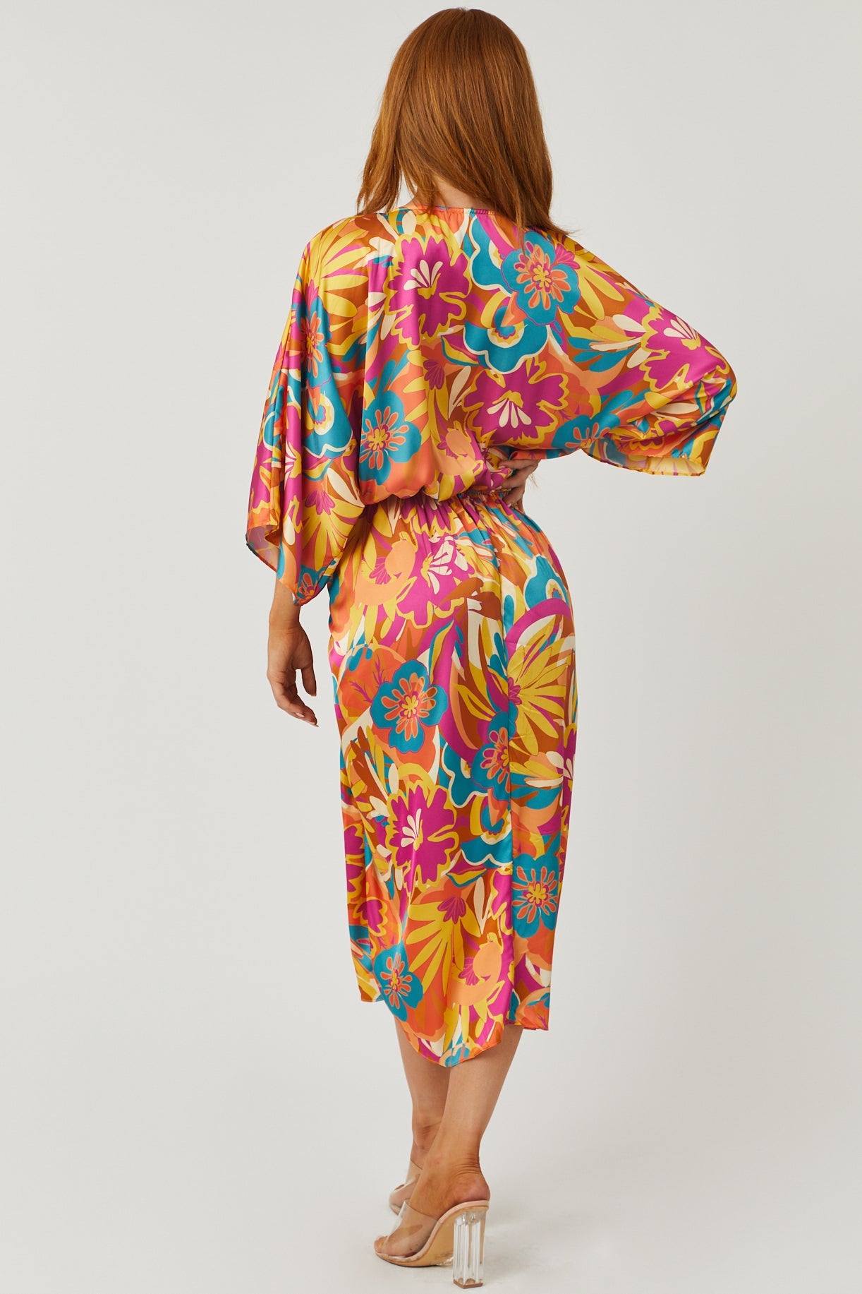 Magenta and Fire Gathered Front Midi Dress