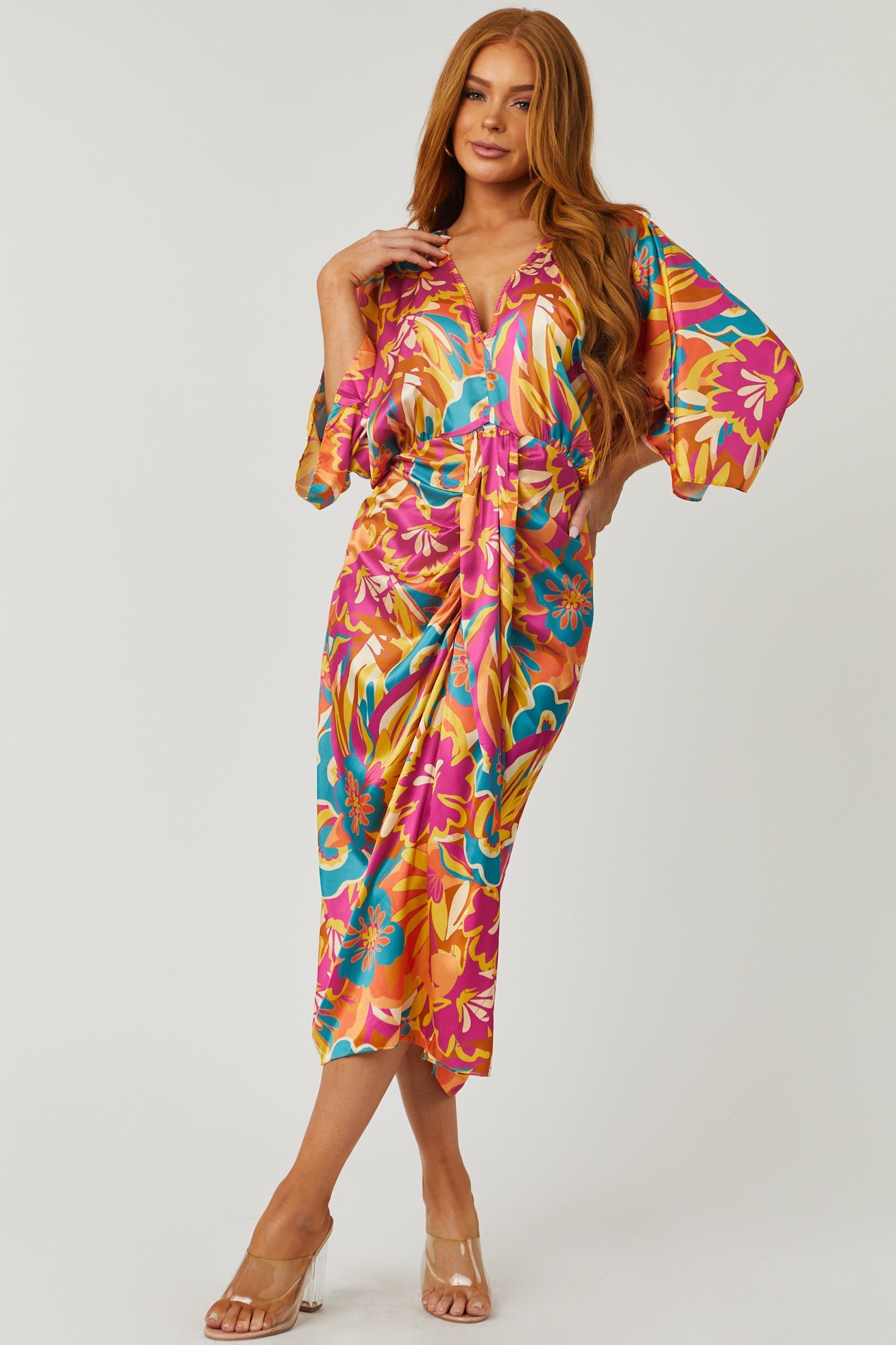 Magenta and Fire Gathered Front Midi Dress