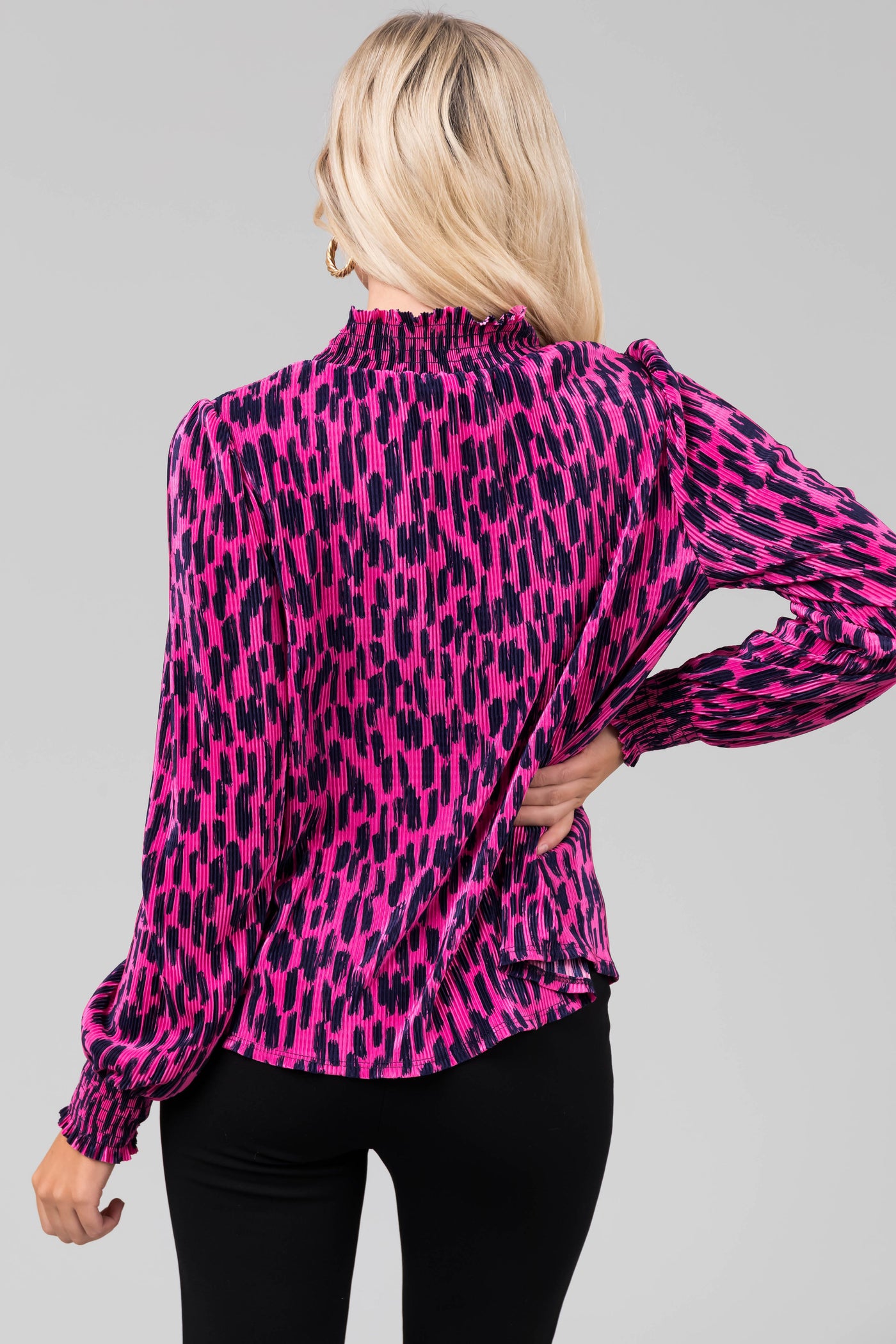 Magenta and Navy Brush Stroke Satin Plisse Top