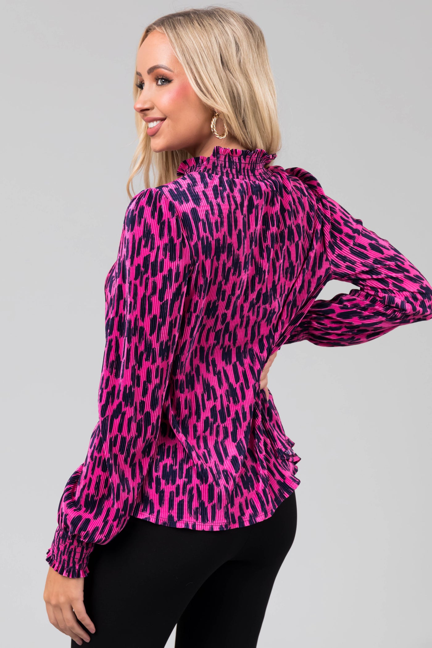 Magenta and Navy Brush Stroke Satin Plisse Top