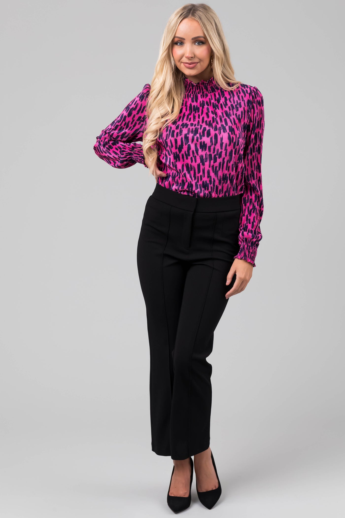 Magenta and Navy Brush Stroke Satin Plisse Top