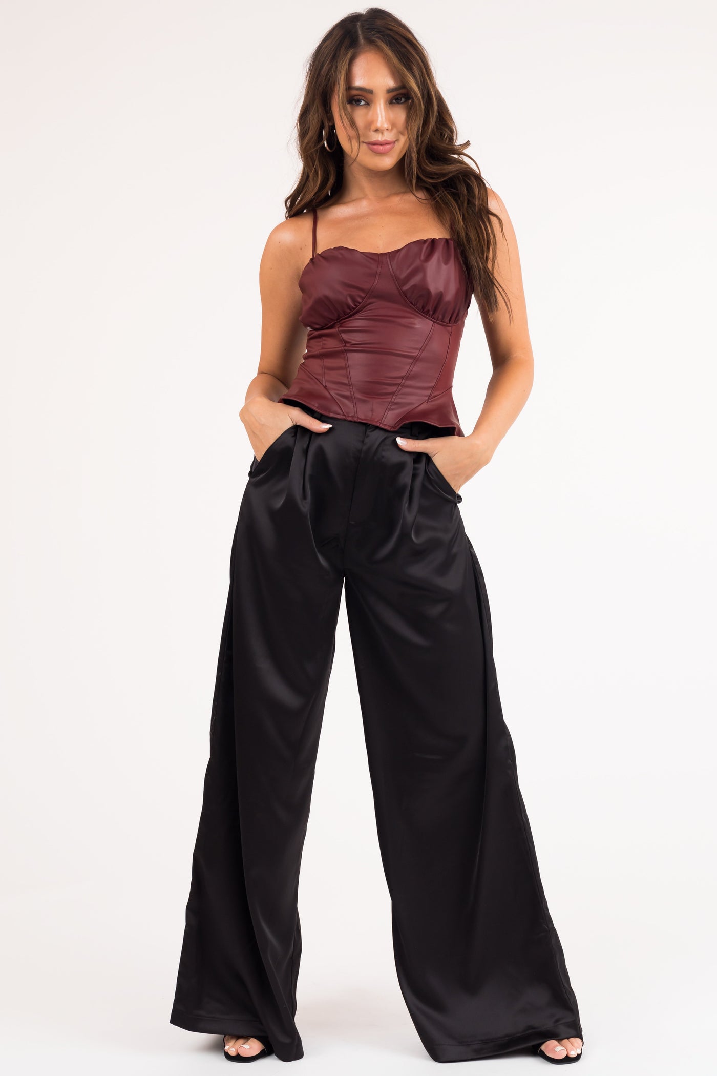 Maroon Faux Leather Bustier Flare Tank Top