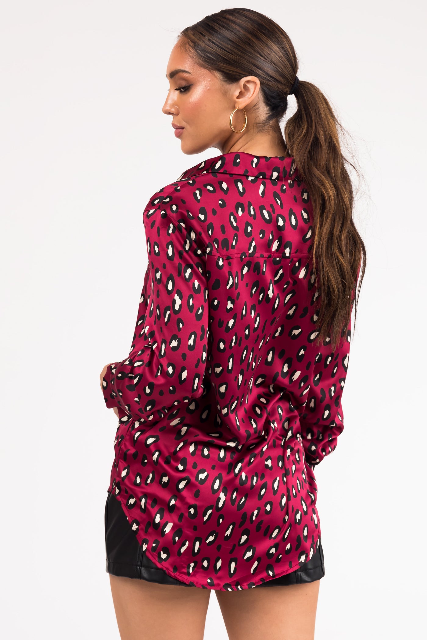 Maroon Leopard Print Button Down Satin Blouse