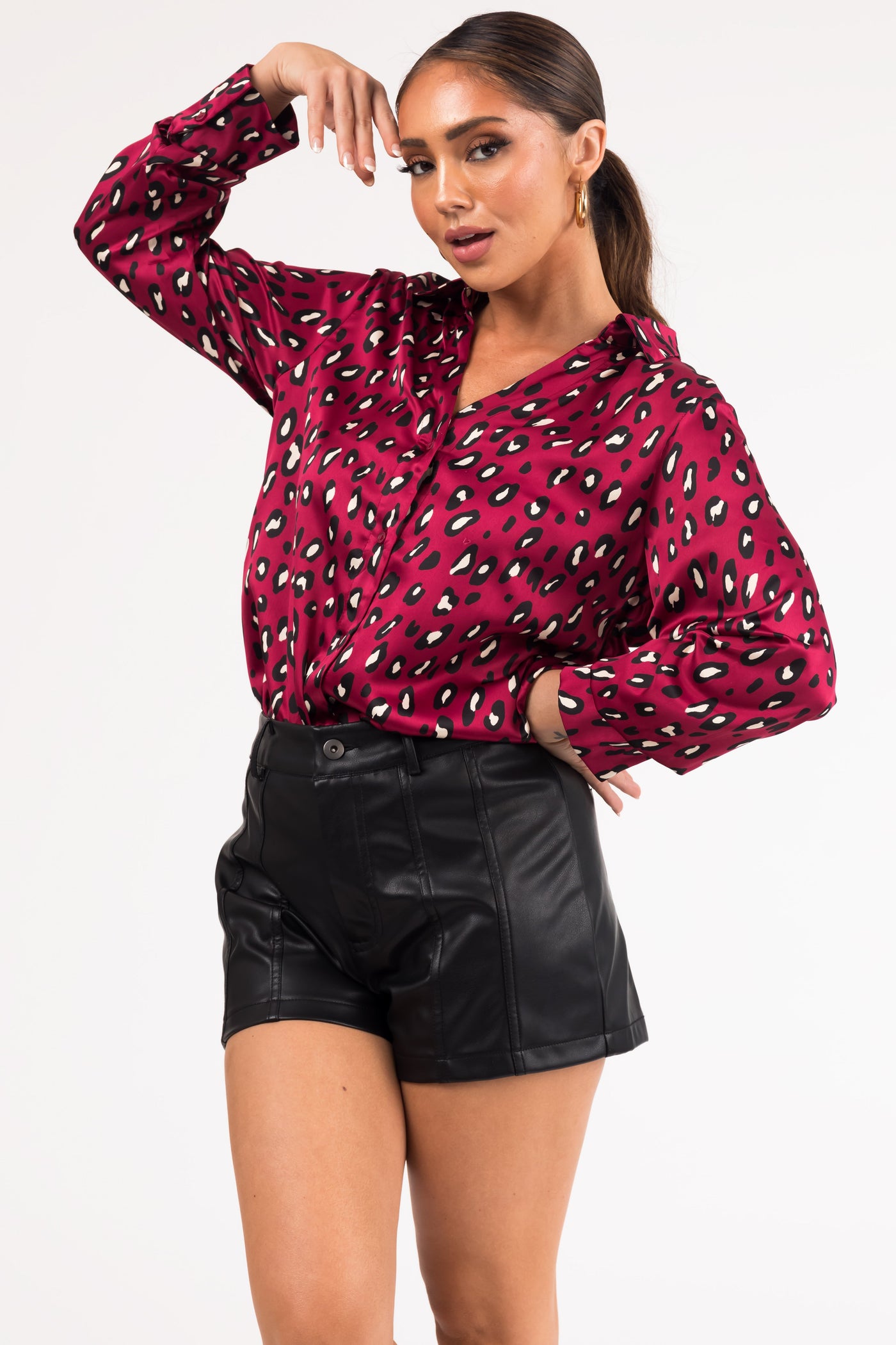 Maroon Leopard Print Button Down Satin Blouse