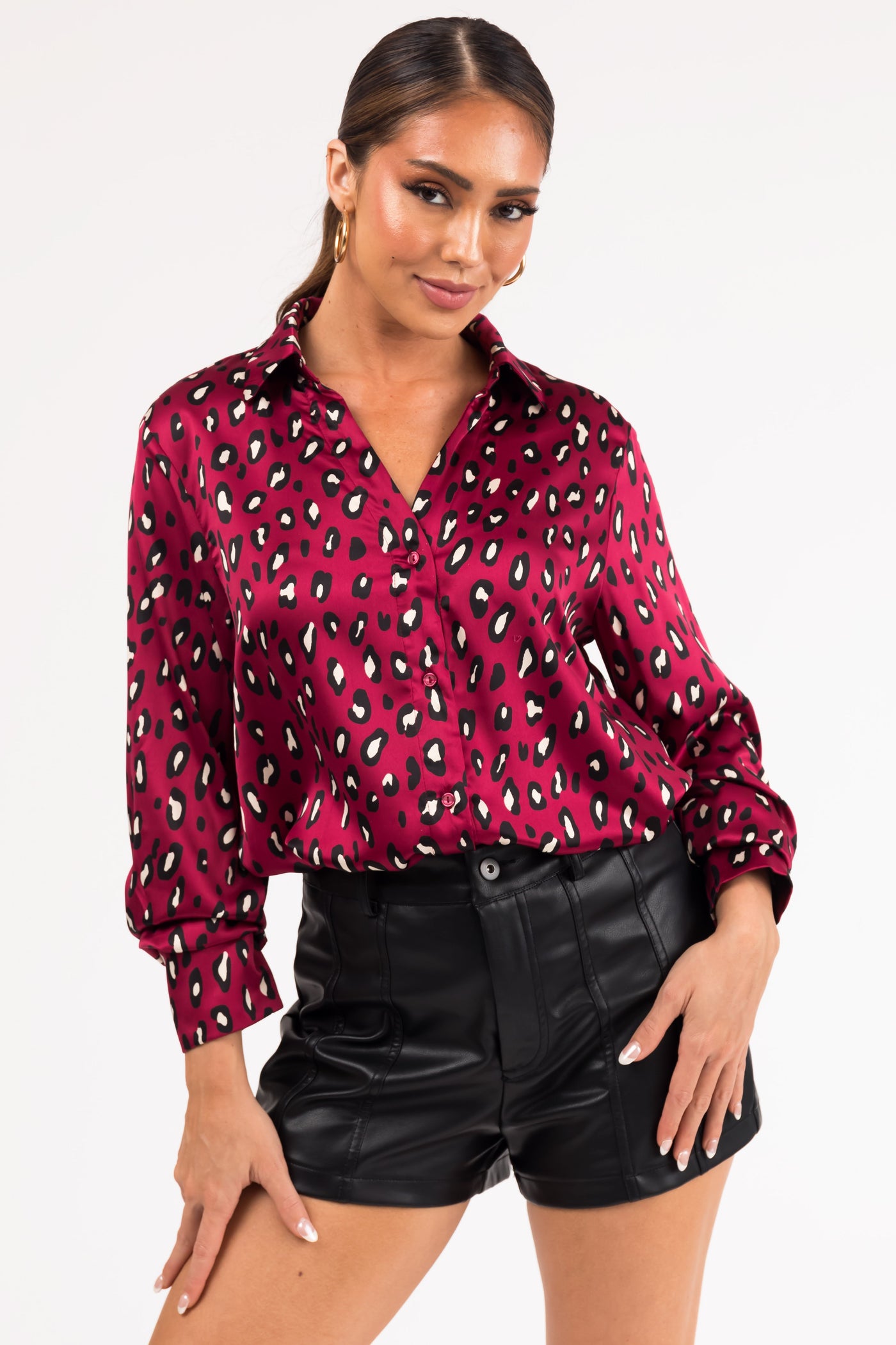 Maroon Leopard Print Button Down Satin Blouse