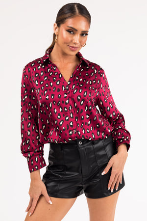 Maroon Leopard Print Button Down Satin Blouse