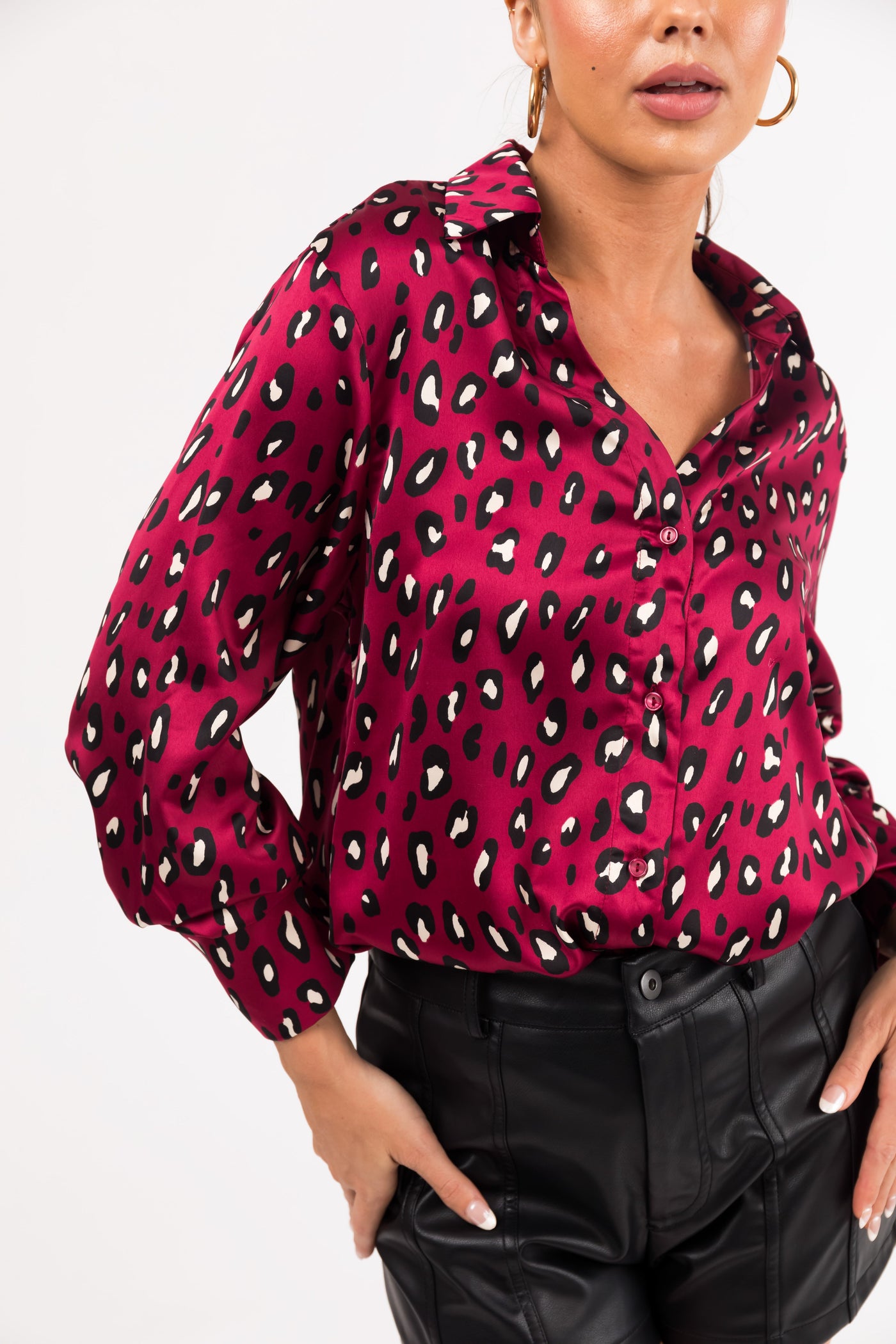 Maroon Leopard Print Button Down Satin Blouse