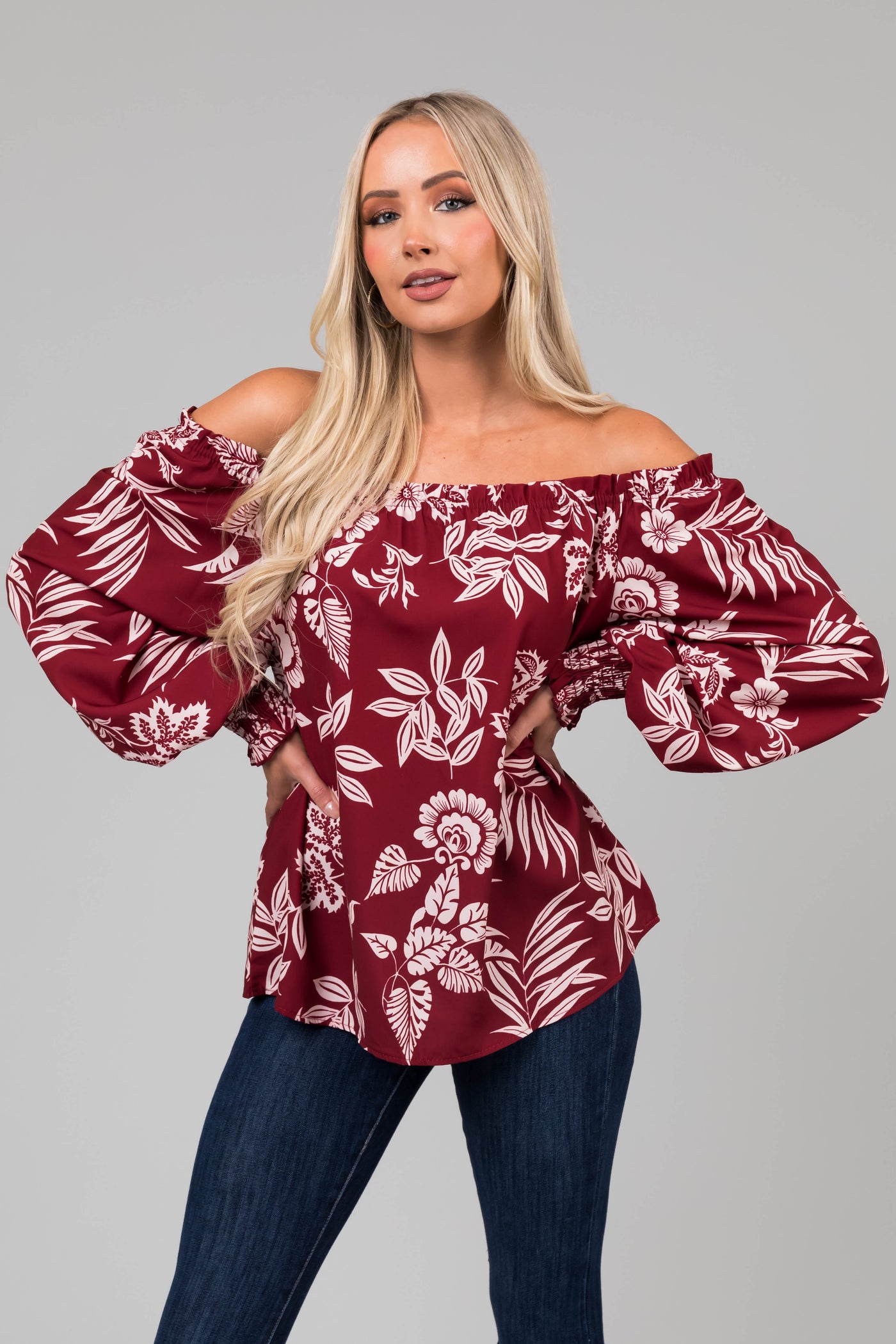 Maroon Off the Shoulder Floral Print Blouse